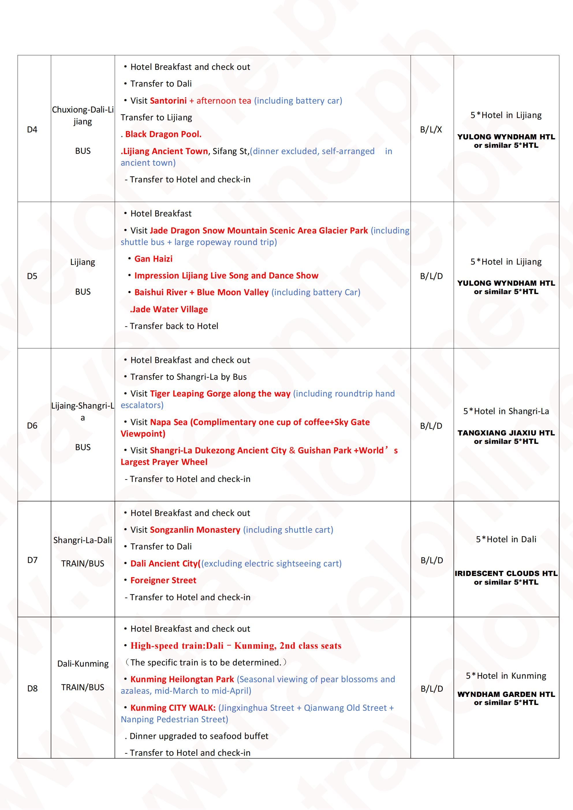 Charming Yunnan 9D8N Tour (NO Shopping）MF: AS LOW AS $1388/PAX itinerary