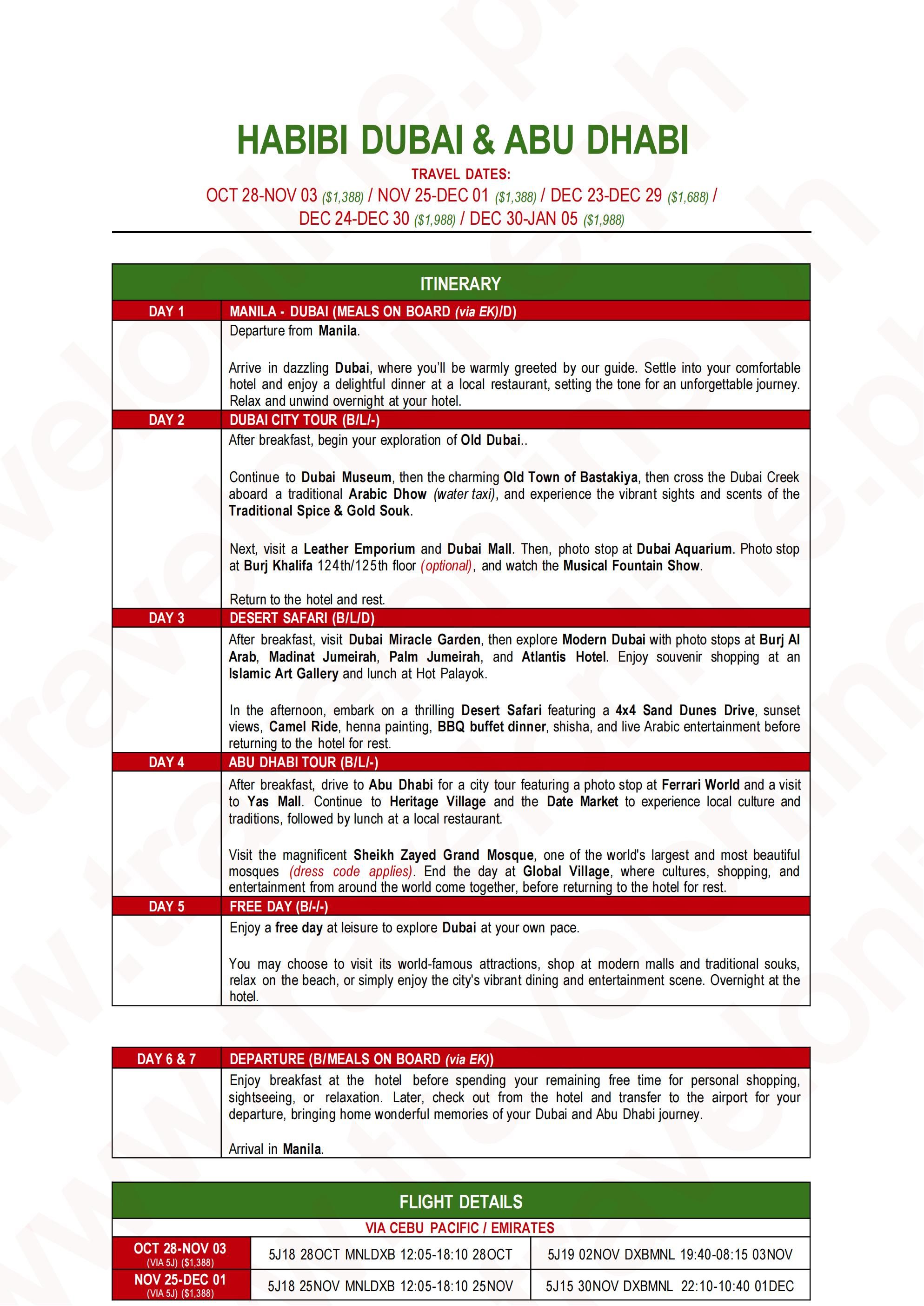 DUBAI and ABU DHABI (Habibi Dubai and Abu Dhabi) 2026-2027: AS LOW AS $1388/PAX itinerary