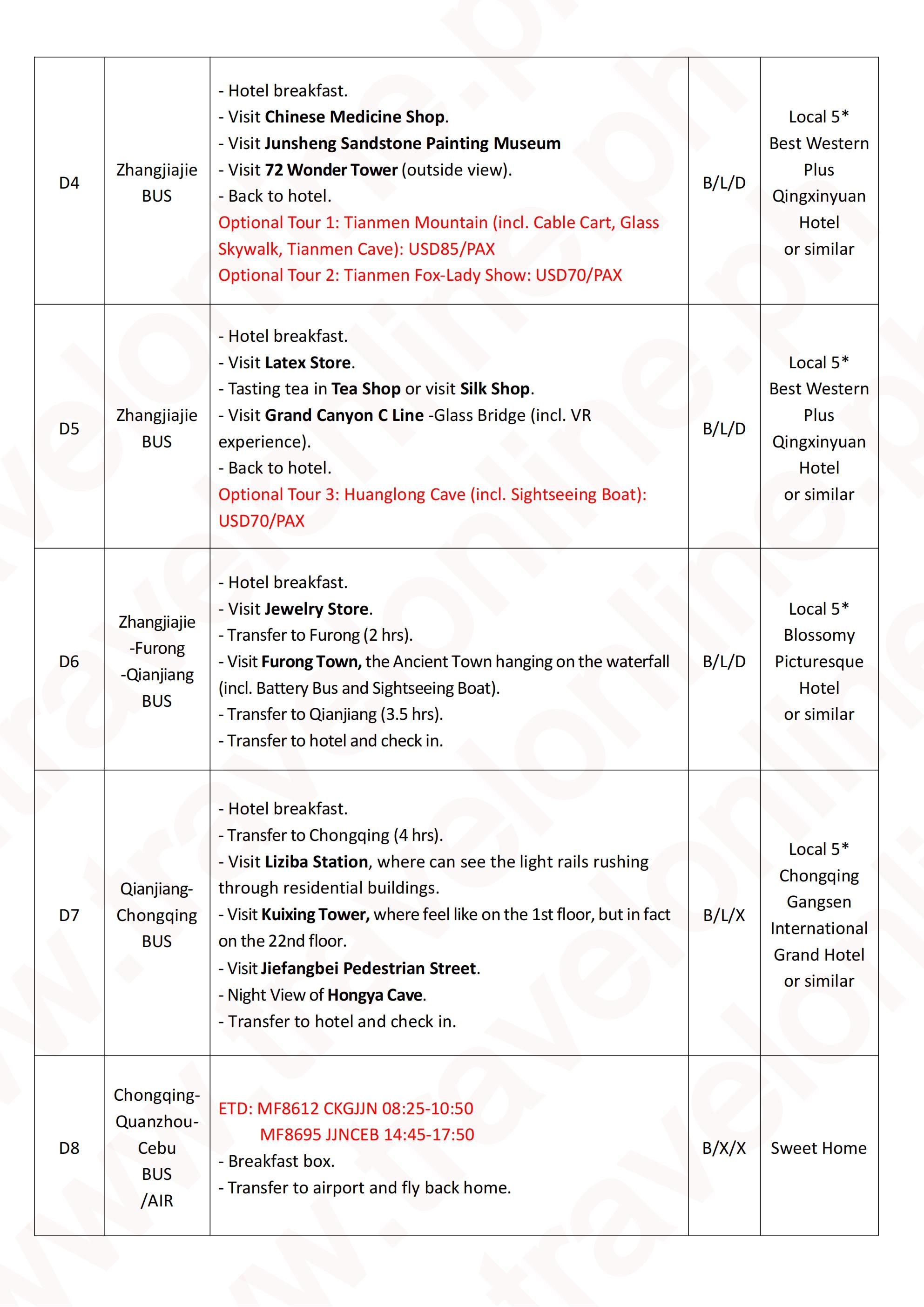 Avatar+Furong+Chongqing 8D7N (MF), out Cebu: AS LOW AS $659/PAX itinerary