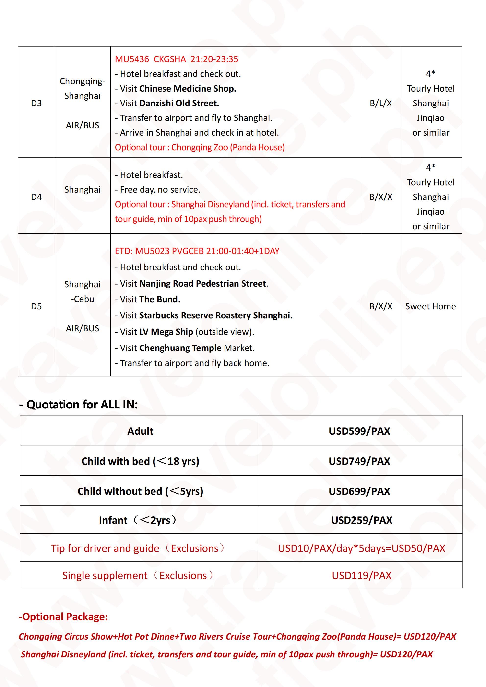 Shanghai+Chongqing 5D4N (MU), out Cebu: AS LOW AS $599/PAX itinerary