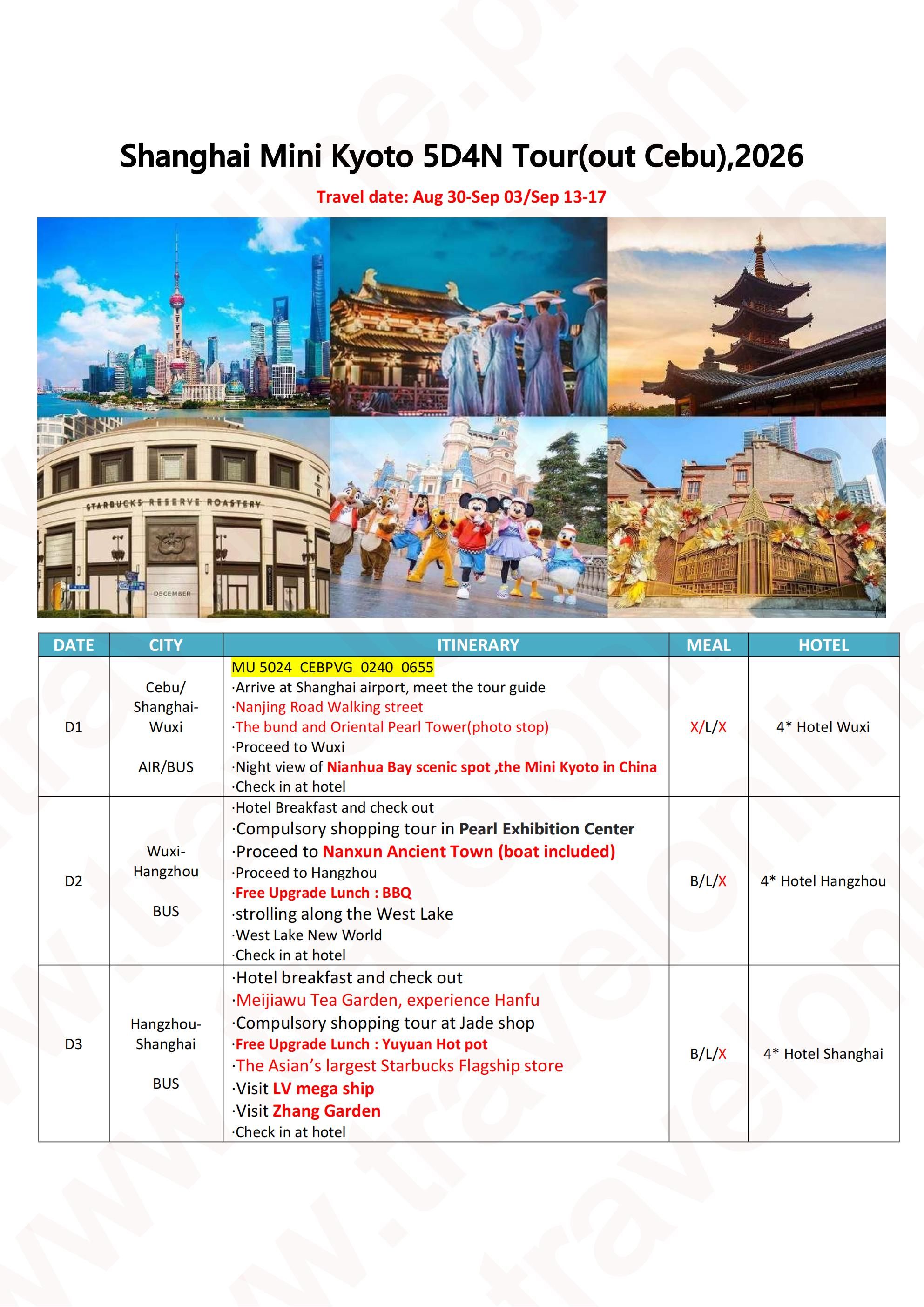 Shanghai Mini Kyoto 5D4N Tour(out Cebu),2026: AS LOW AS $499/PAX itinerary