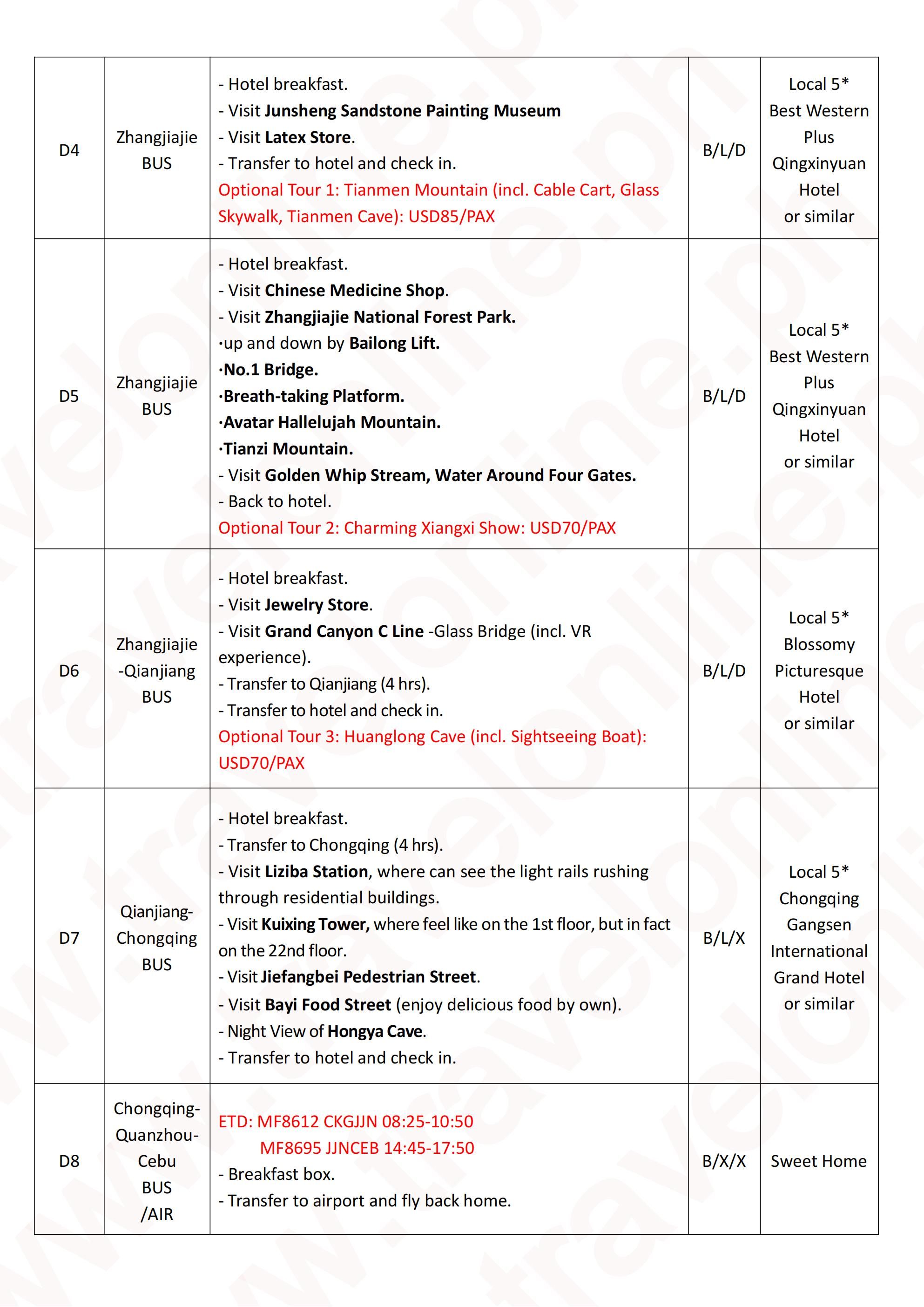Avatar Skiing + Chongqing 8D7N(MF),Out Cebu: AS LOW AS $699/PAX itinerary
