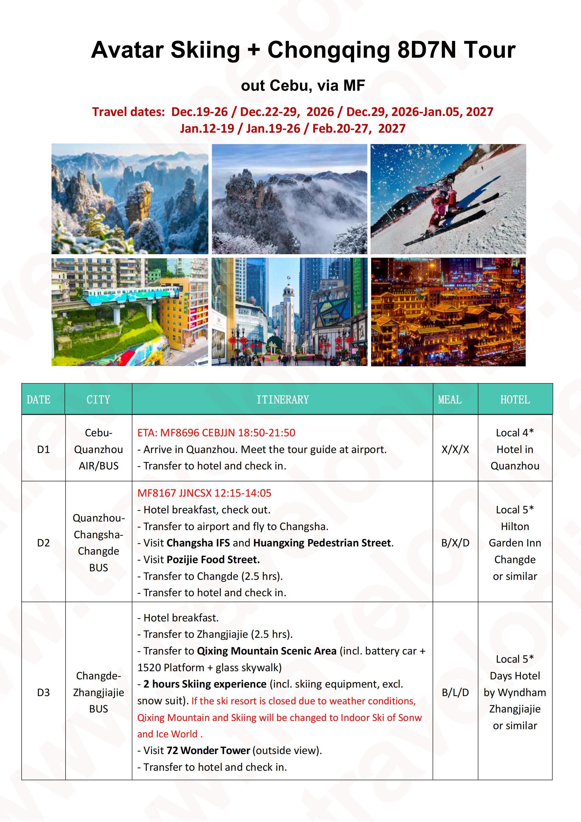 Avatar Skiing + Chongqing 8D7N(MF),Out Cebu: AS LOW AS $699/PAX itinerary