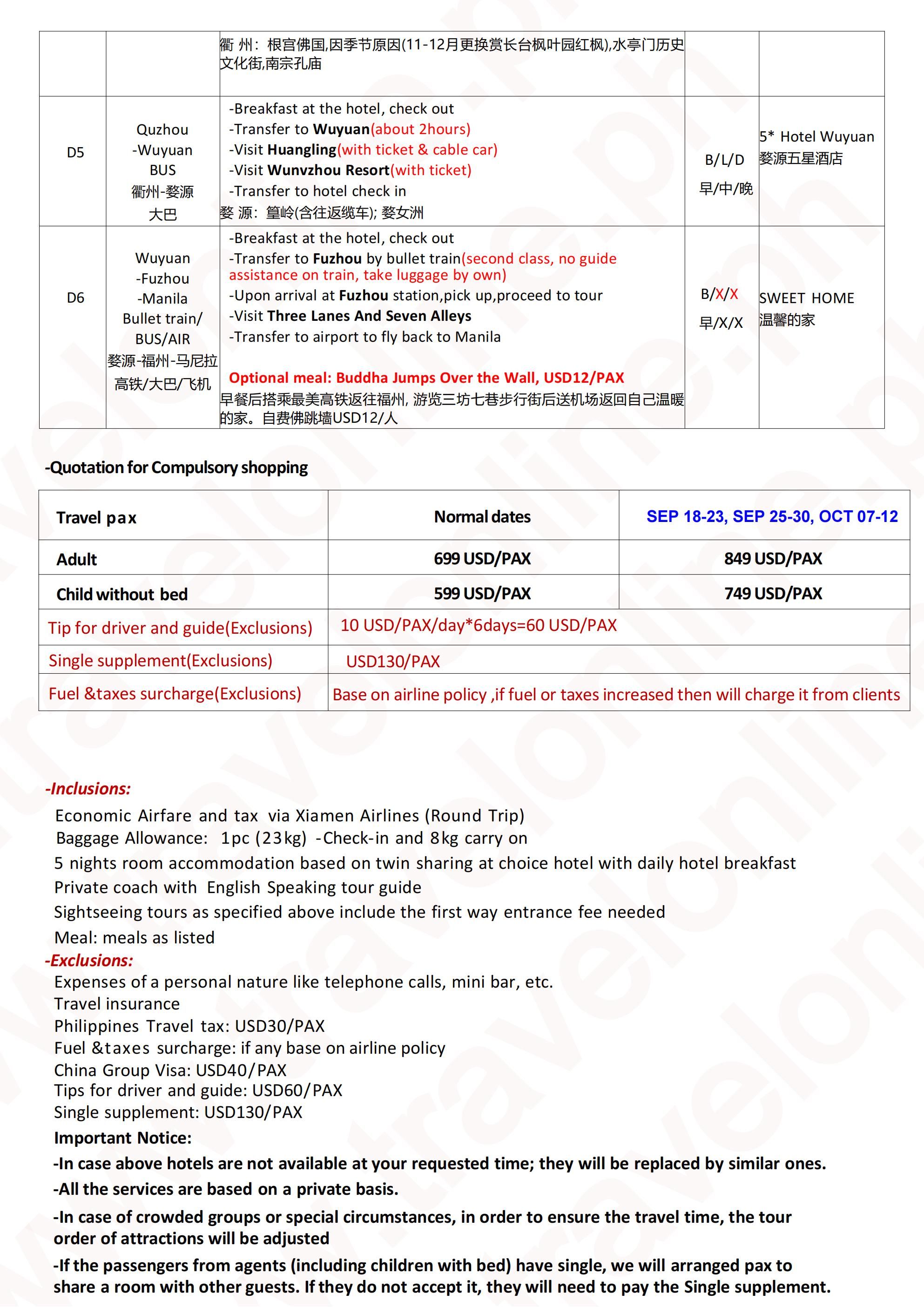 Fuzhou +Mt.wuyi +Fairyland Valley (JiangXi): AS LOW AS $699/PAX itinerary