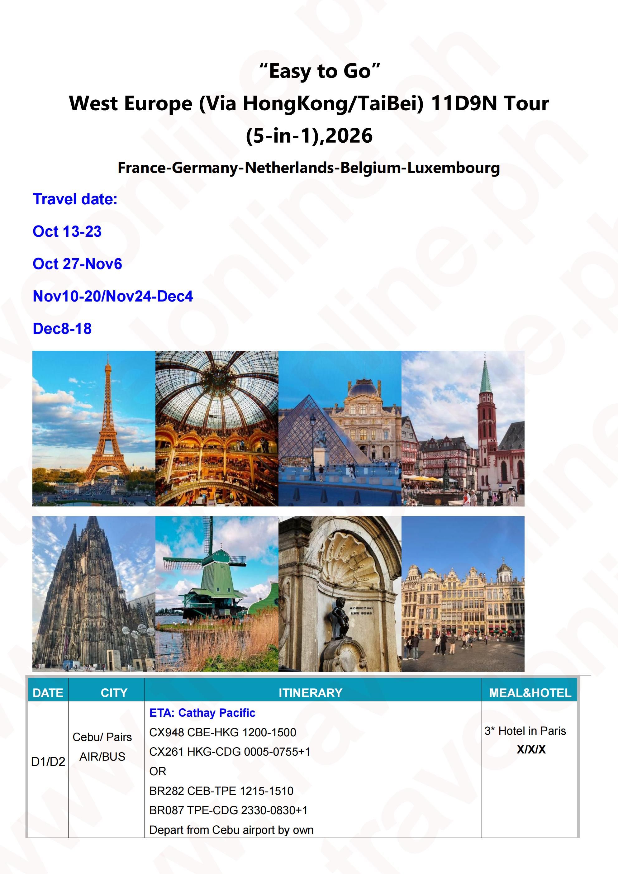 (Easy to Go) West Europe (Via HK/TPE) 11D9N Tour (5-in-1),2026 Out Cebu: AS LOW AS $2988/PAX itinerary
