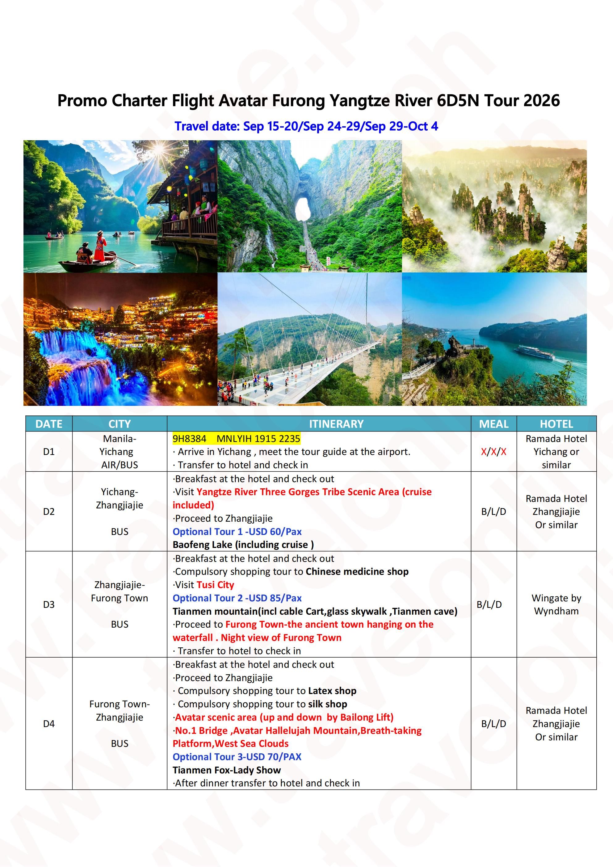 Promo Charter Flight Avatar Furong Yangtze River 6D5N Tour 2026: AS LOW AS $359/PAX itinerary
