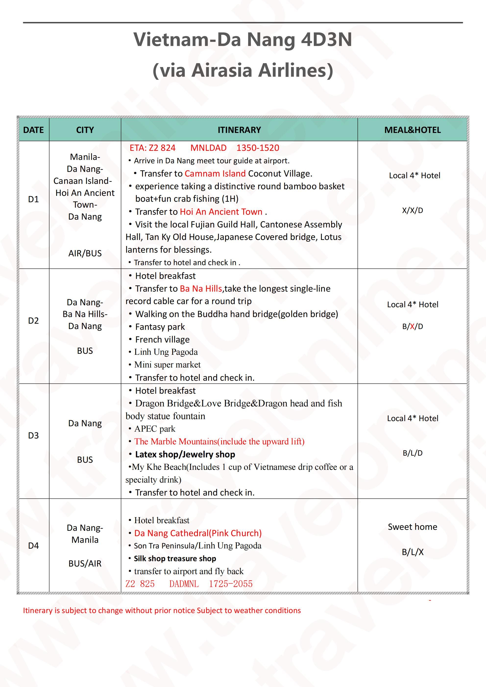 DA NANG 4D3N(Z2),2026: AS LOW AS ₱21888/PAX itinerary