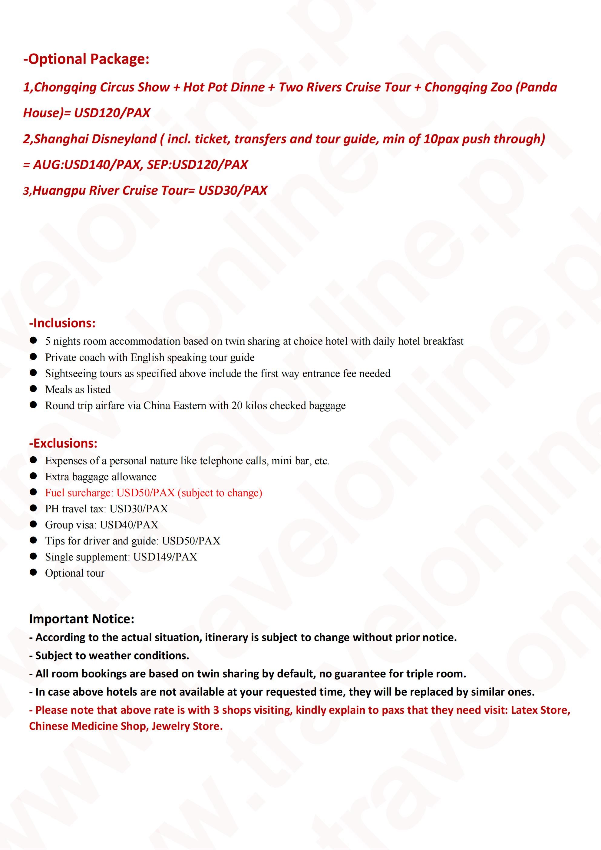 Shanghai + Chongqing 6D5N (MU),out MNL: AS LOW AS $599/PAX itinerary