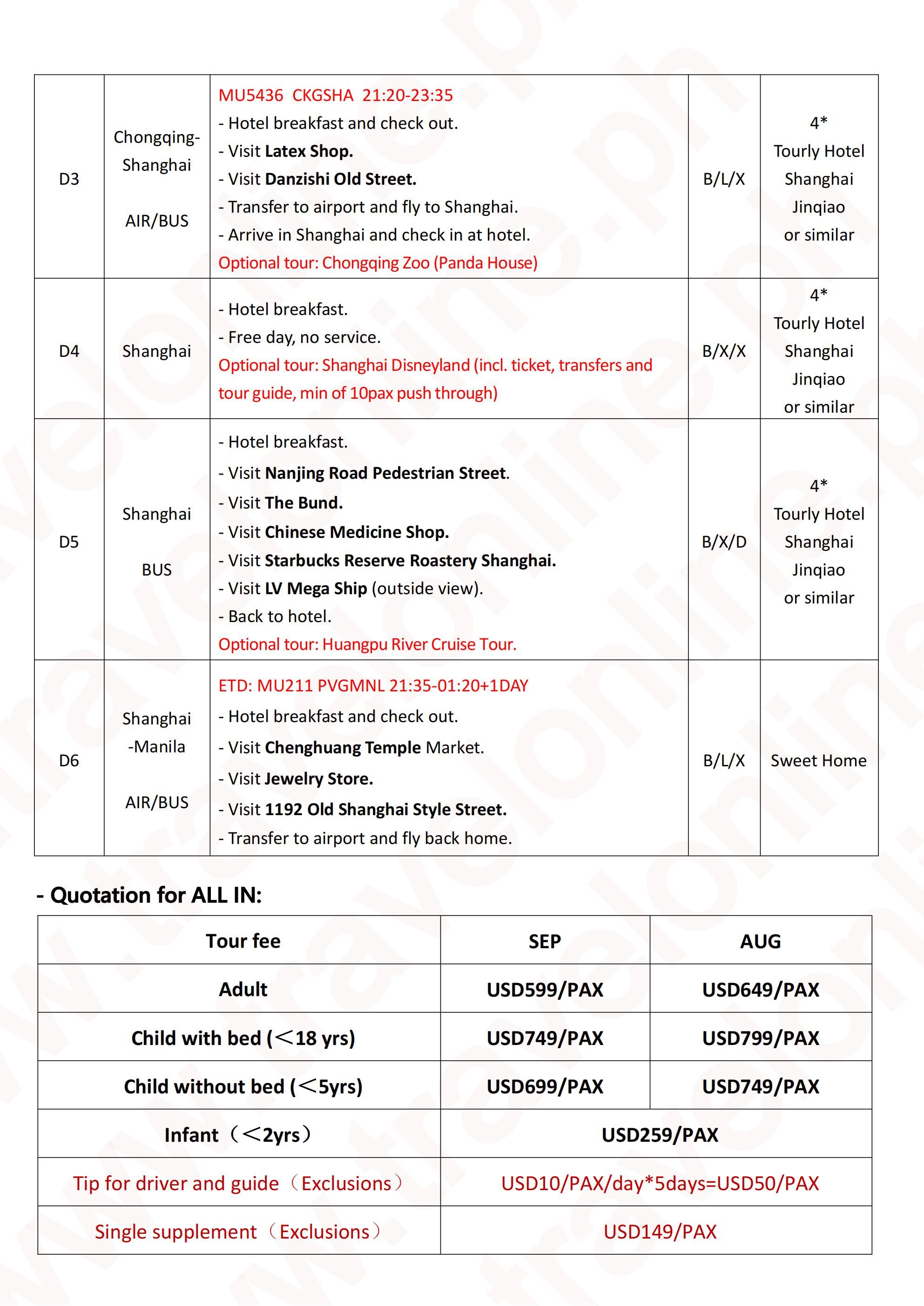 Shanghai + Chongqing 6D5N (MU),out MNL: AS LOW AS $599/PAX itinerary