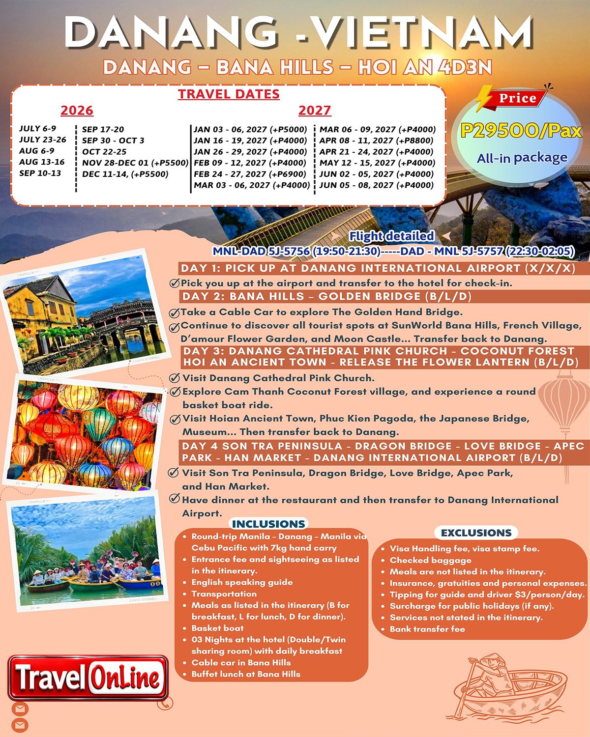 DANANG-HOIAN-BANA HILLS 4D3N UPDATED 2026, 2027 : AS LOW AS ₱29500/PAX promo image