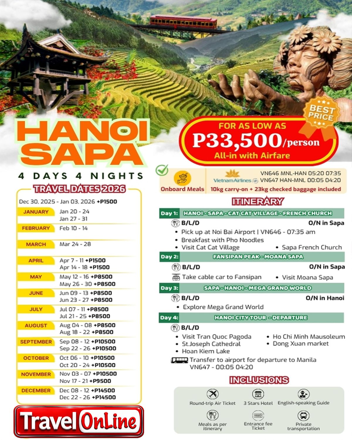 VN02-02 - HANOI - SAPA - CAT CAT - FANSIPAN - MOANA - MEGAGRANWOLD 4D4N : AS LOW AS ₱33500/PAX promo image