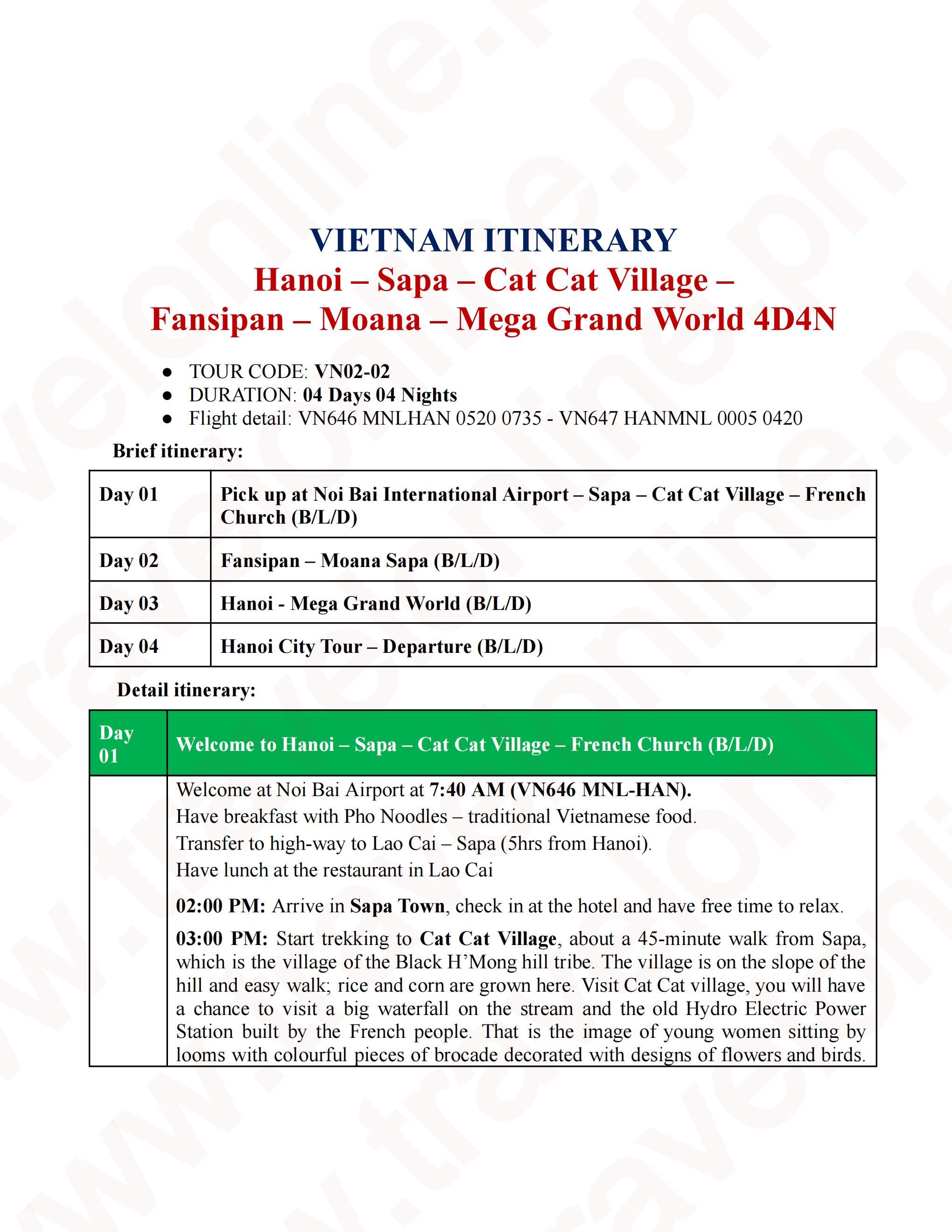 VN02-02 - HANOI - SAPA - CAT CAT - FANSIPAN - MOANA - MEGAGRANWOLD 4D4N : AS LOW AS ₱33500/PAX itinerary