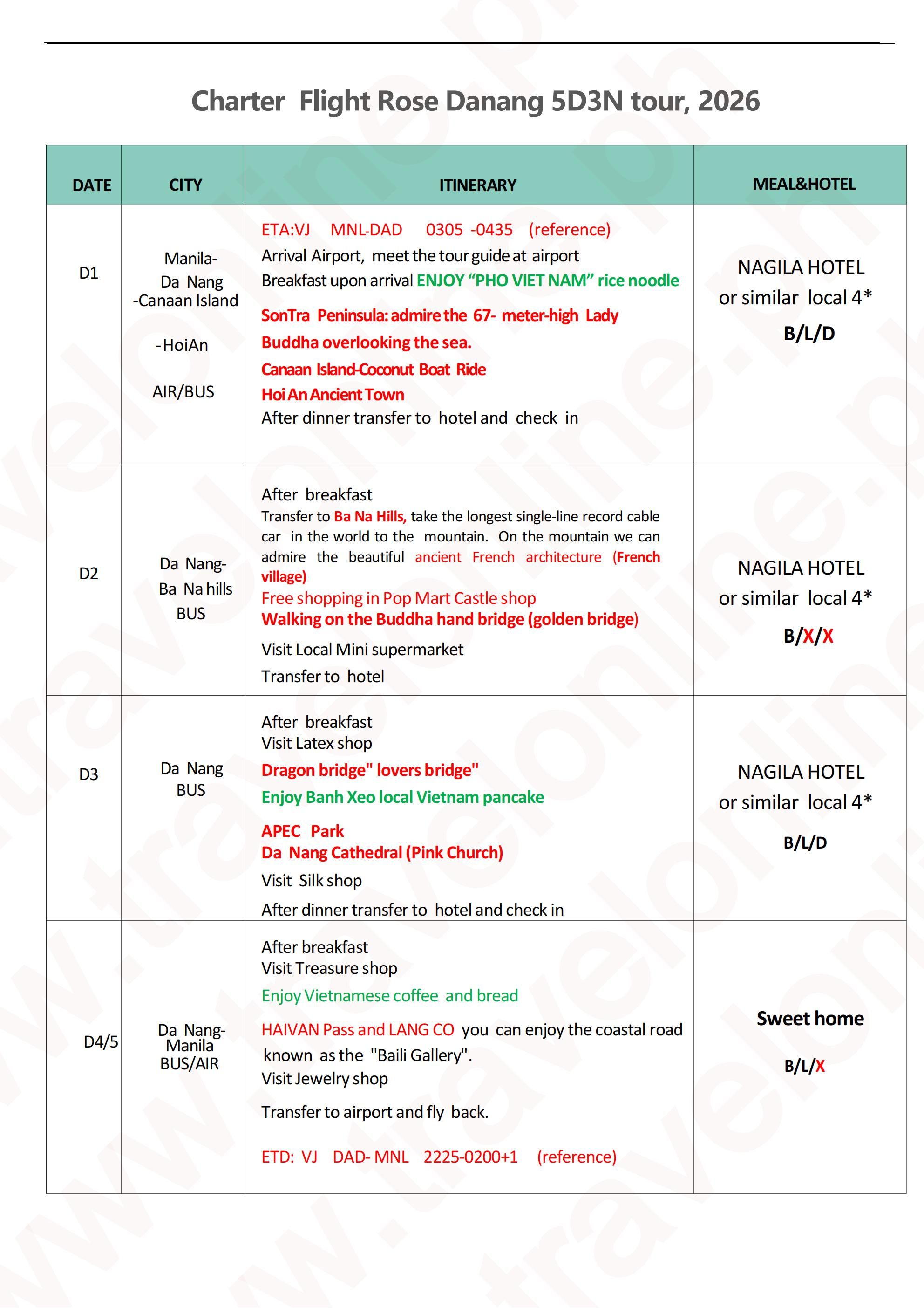 MNL-Charter Flight Rose Danang 5D3N tour, 2026B: AS LOW AS ₱21888/PAX itinerary