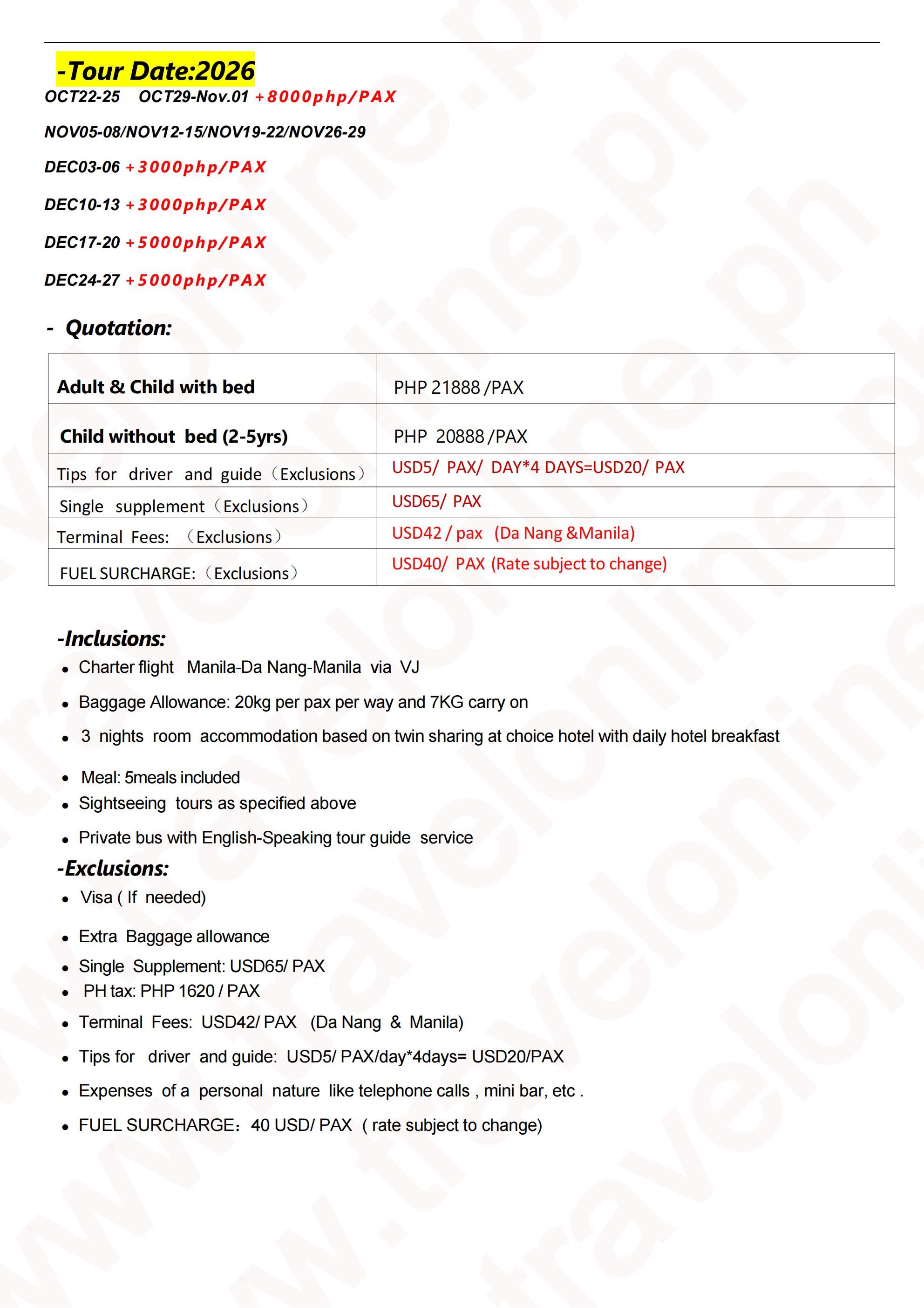 MNL-Charter Flight Rose Danang 5D3N tour, 2026B: AS LOW AS ₱21888/PAX itinerary