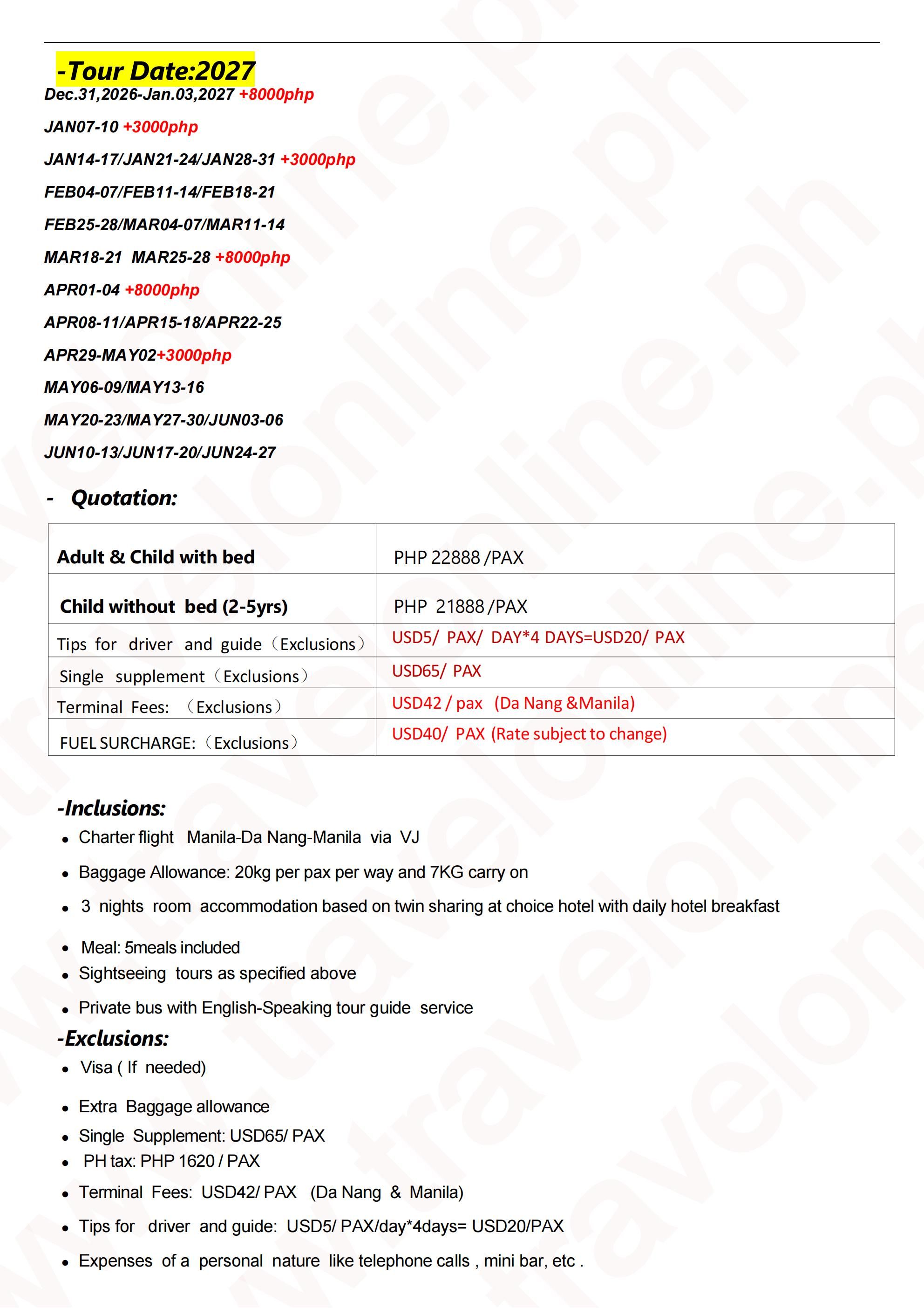 MNL-Charter Flight Rose Danang 5D3N tour, 2027B: AS LOW AS ₱22888/PAX itinerary