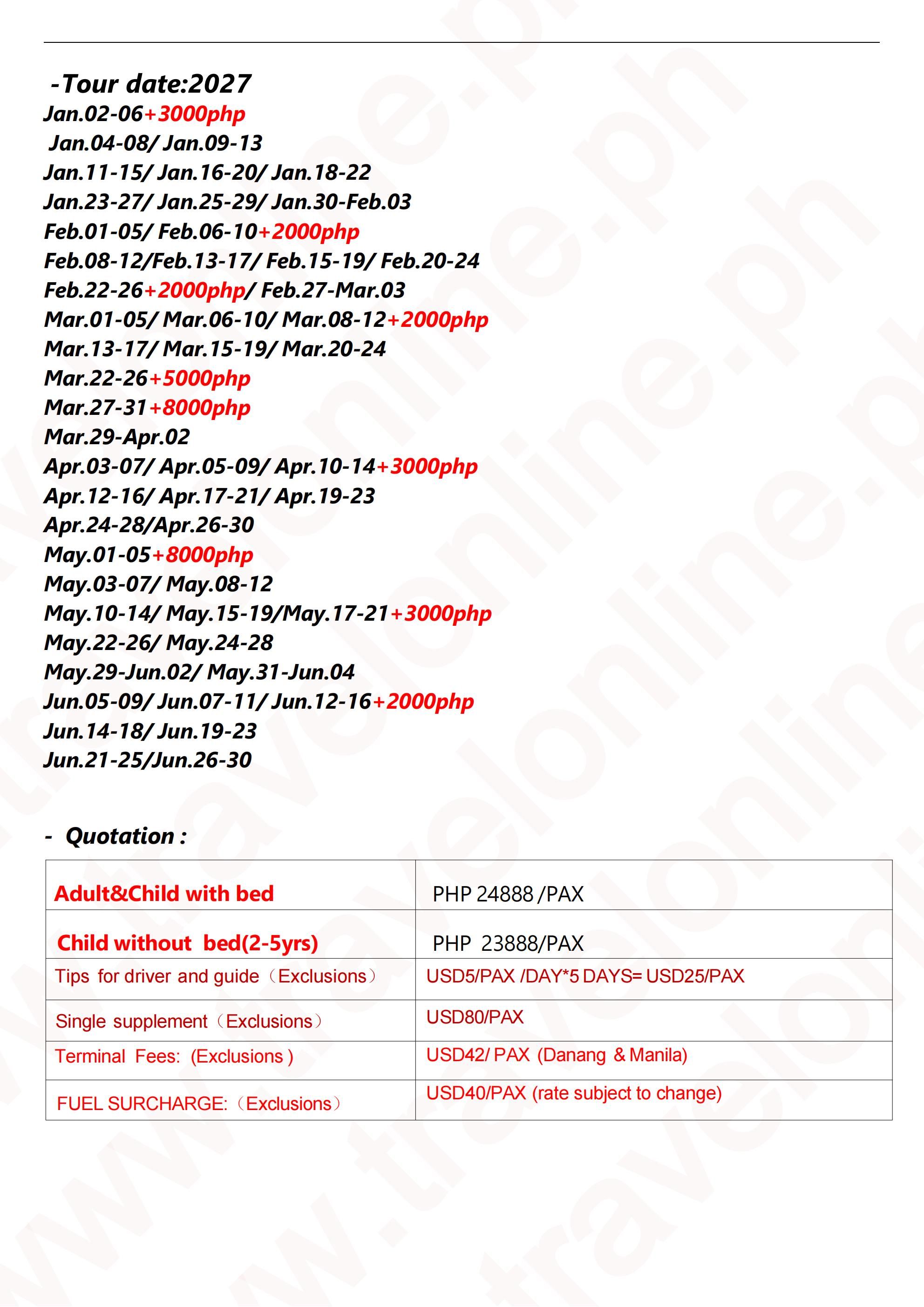 MNL-Charter Flight Rose Danang 6D4N tour, 2027A: AS LOW AS ₱ 24888/PAX itinerary