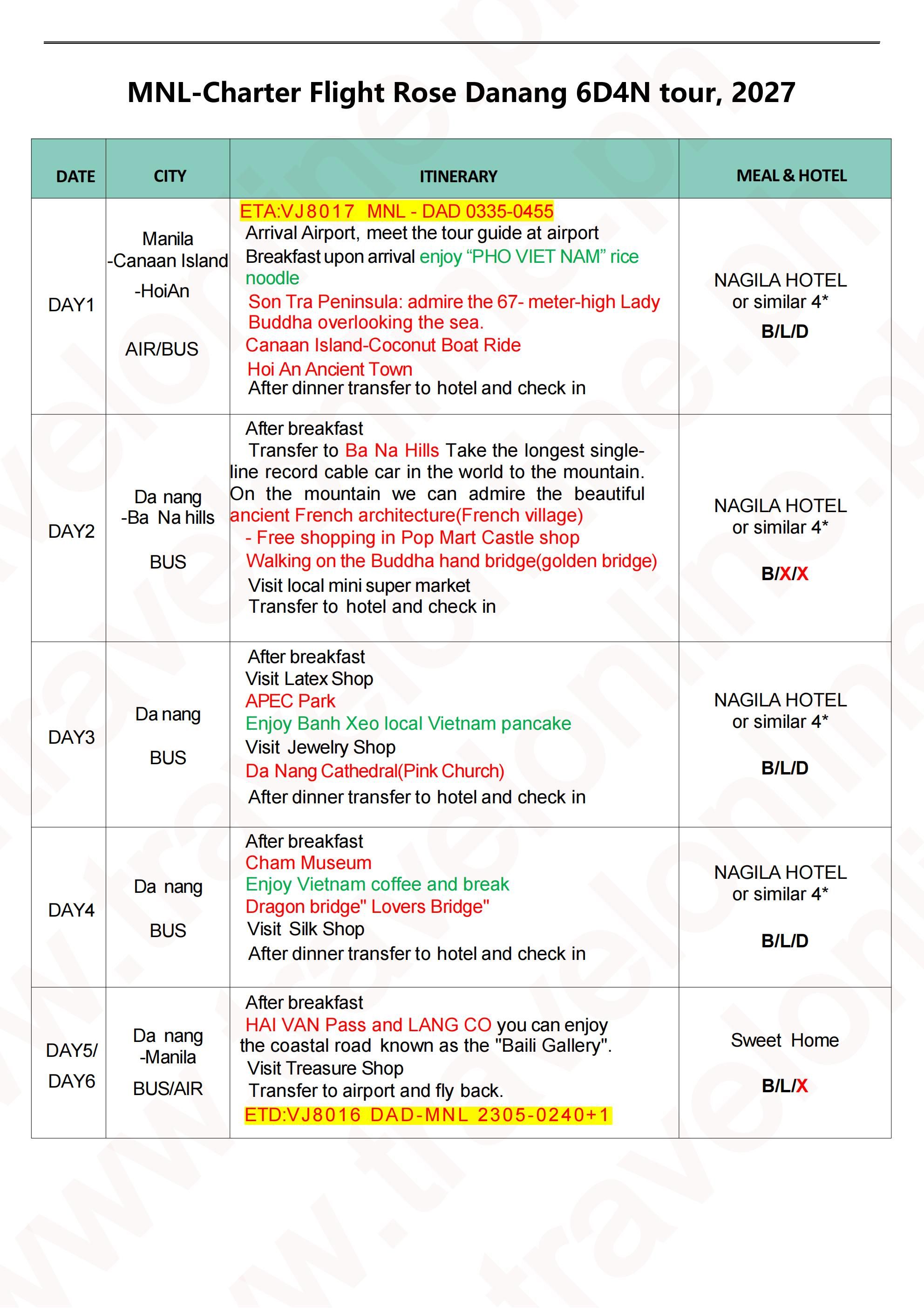 MNL-Charter Flight Rose Danang 6D4N tour, 2027A: AS LOW AS ₱ 24888/PAX itinerary
