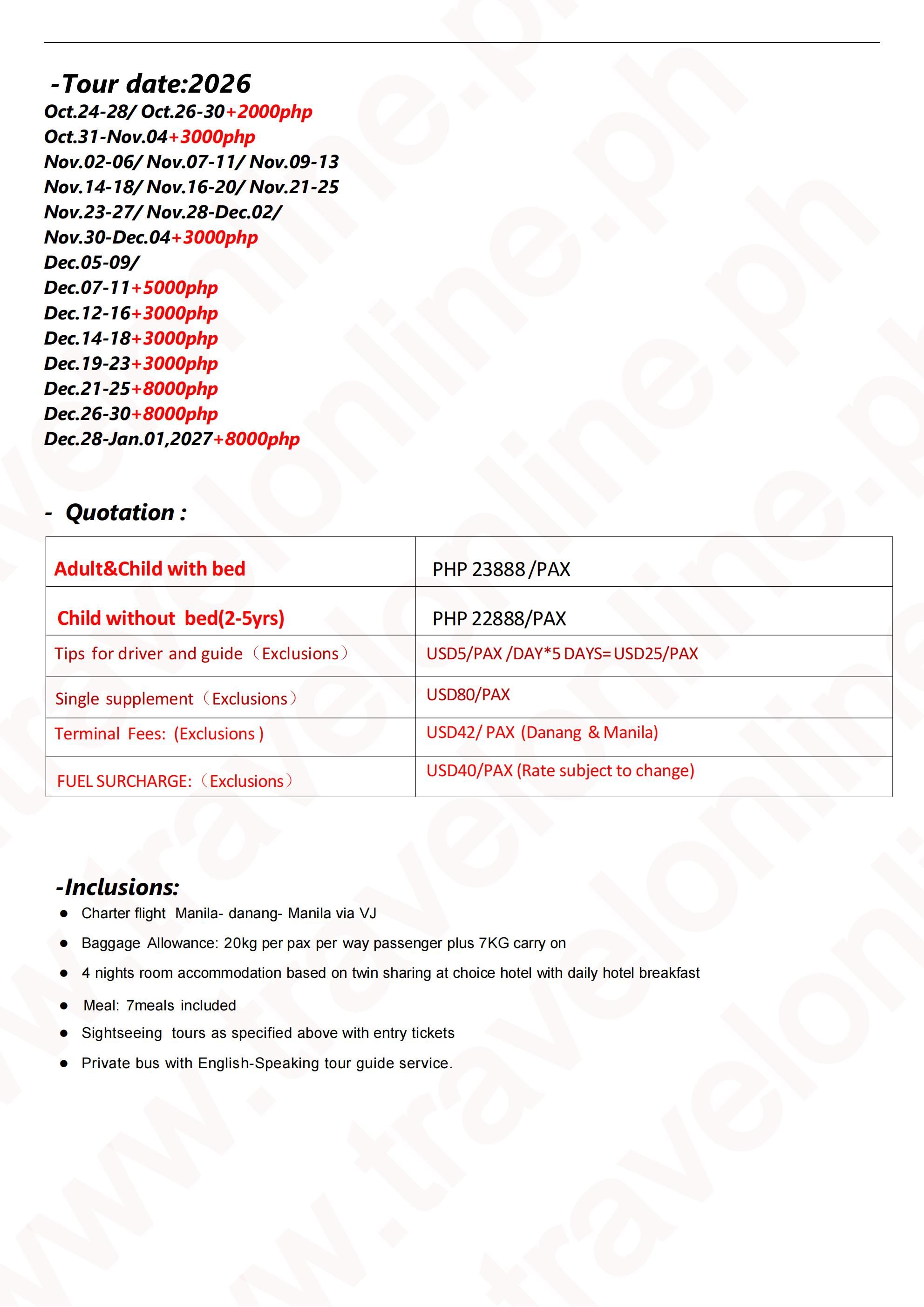 MNL-Charter Flight Rose Danang 6D4N tour, 2026A: AS LOW AS ₱23888/PAX itinerary