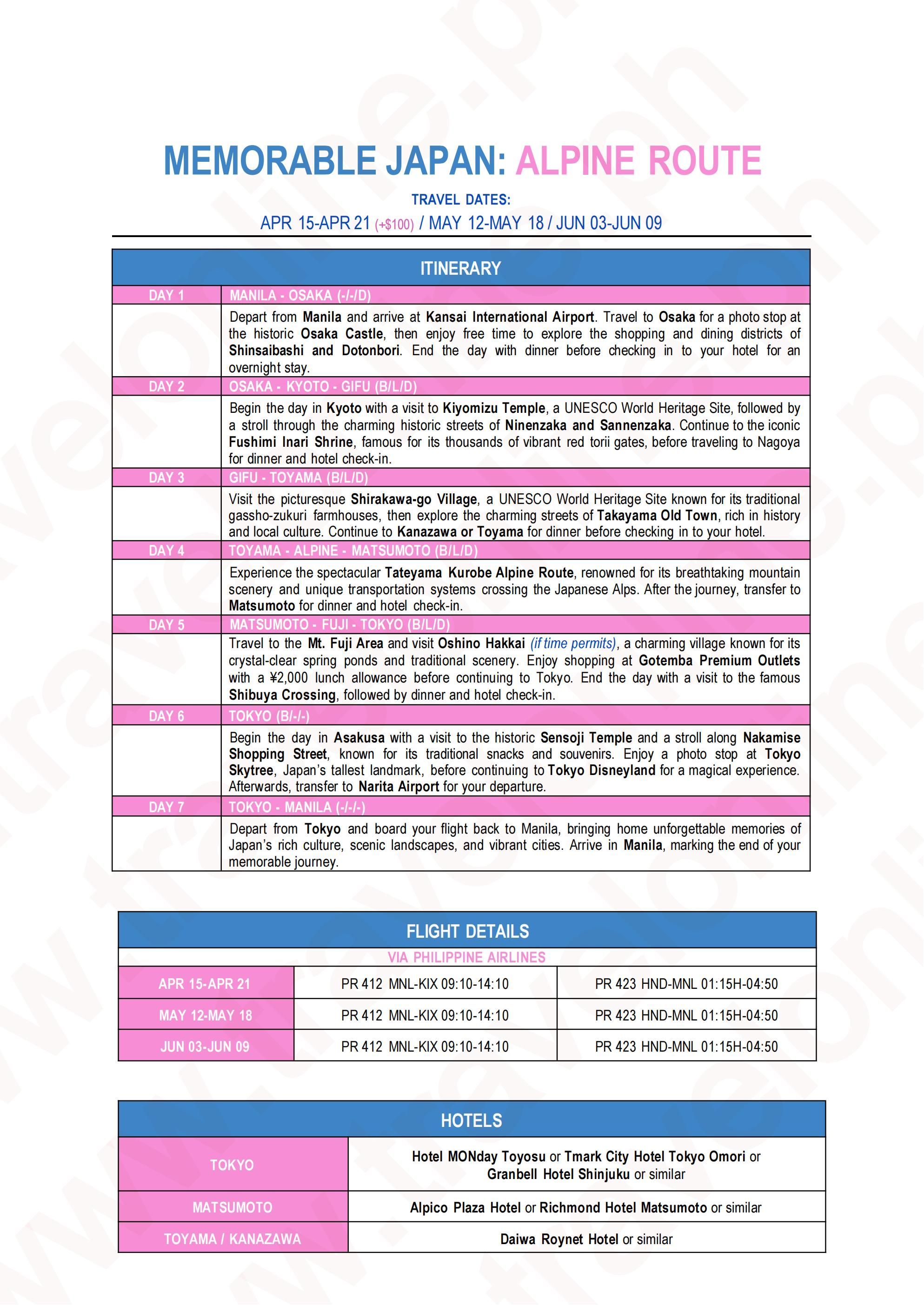 JAPAN (Memorable Japan_Alpine Route) 2027: AS LOW AS $1988/PAX itinerary