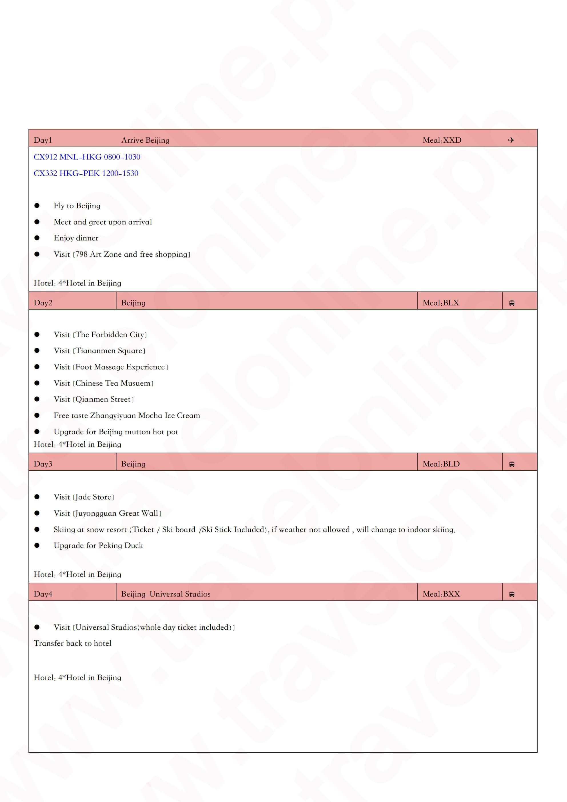 Beijing+Skiing+Universal Studios 5D4N: AS LOW AS $599/PAX itinerary