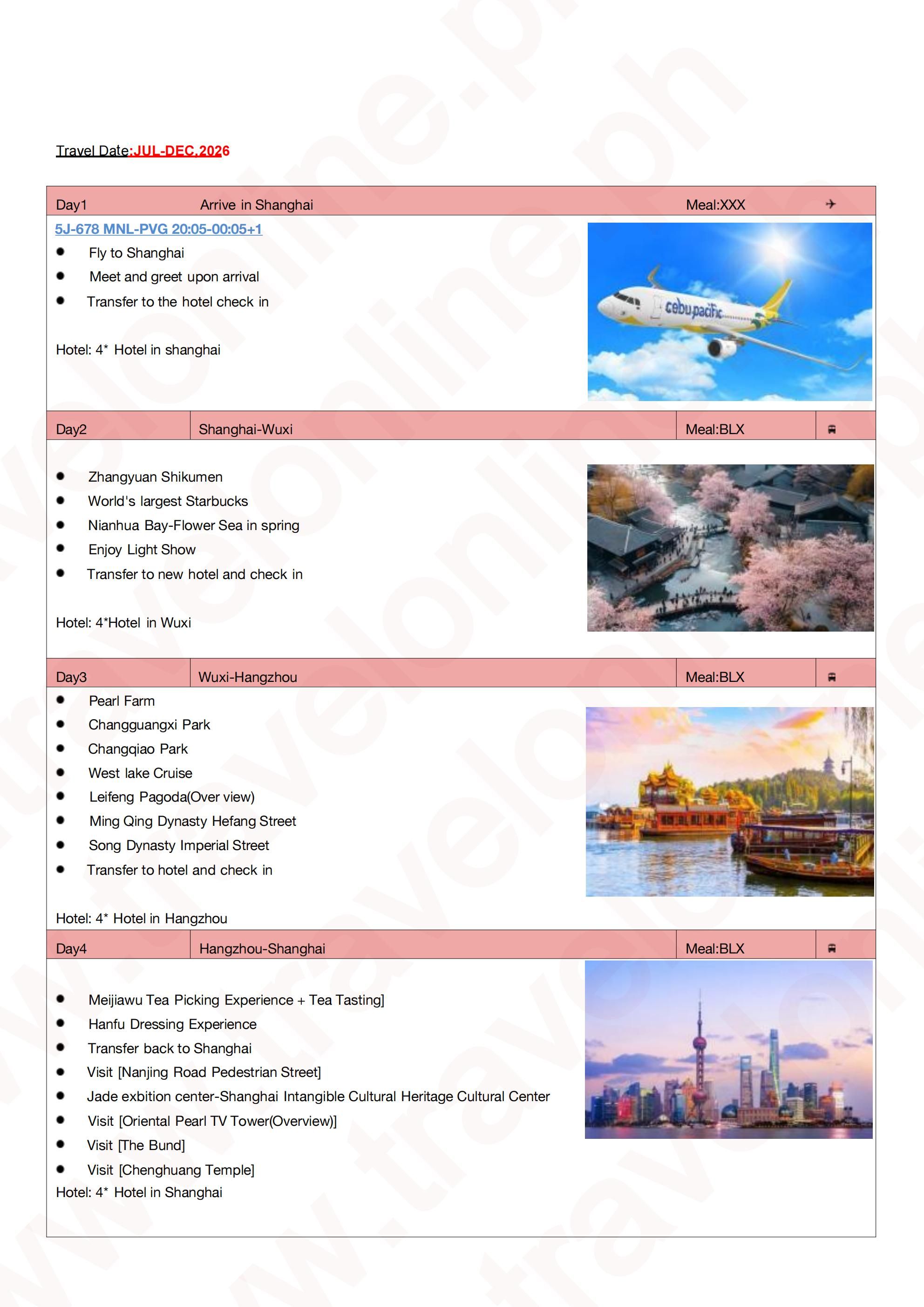 Shanghai+Disneyland+Hangzhou 6D4N Package: AS LOW AS $399/PAX itinerary