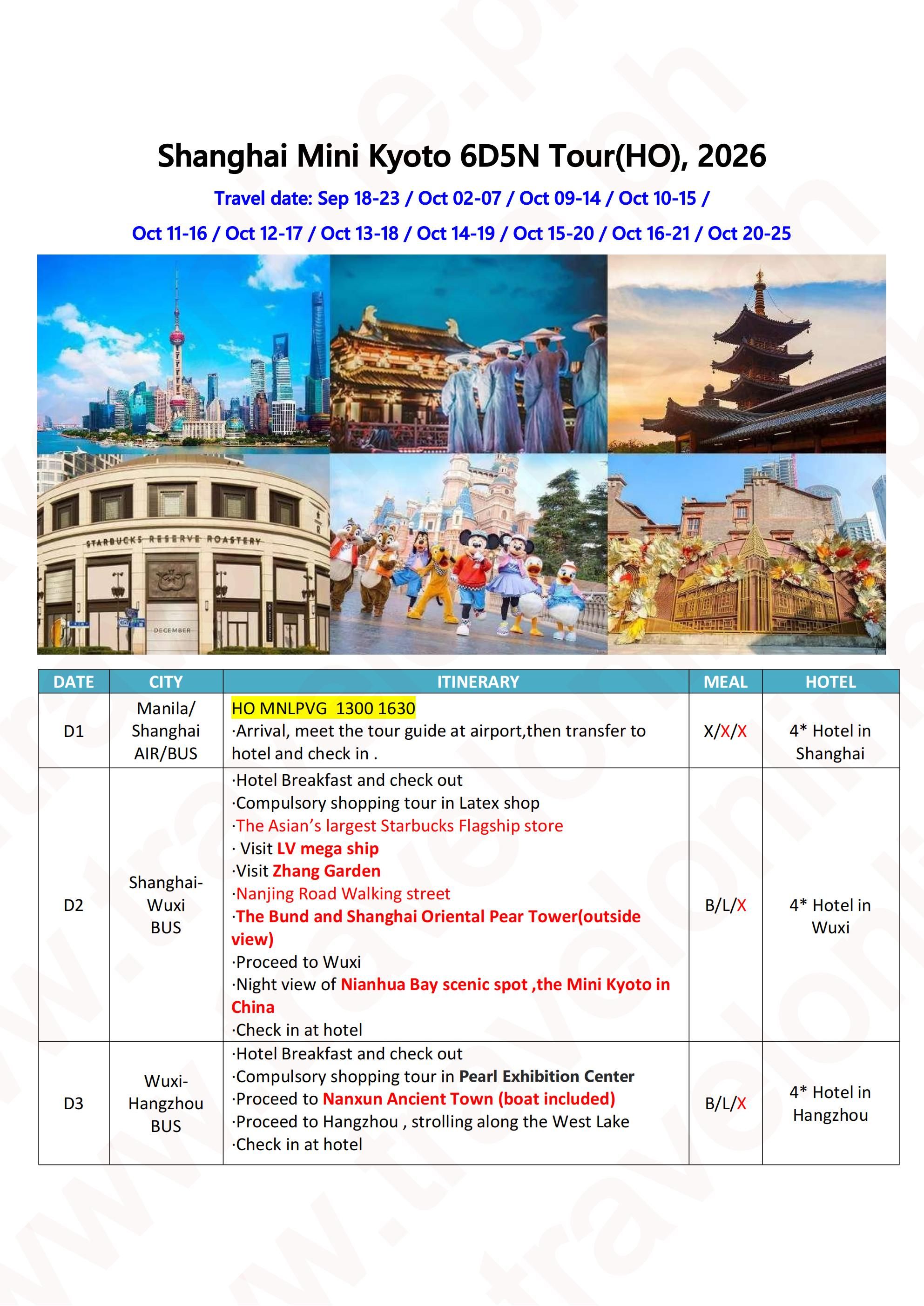 Shanghai Mini Kyoto 6D5N Tour(HO), 2026-2027: AS LOW AS $359/PAX itinerary