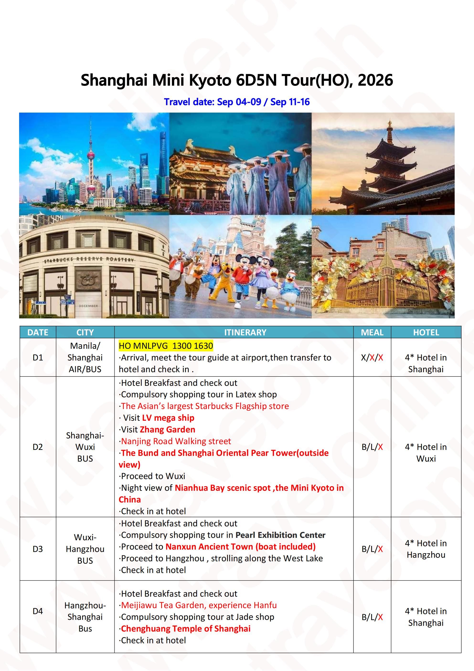 Shanghai Mini Kyoto 6D5N Tour(HO), 2026-2027: AS LOW AS $299/PAX itinerary