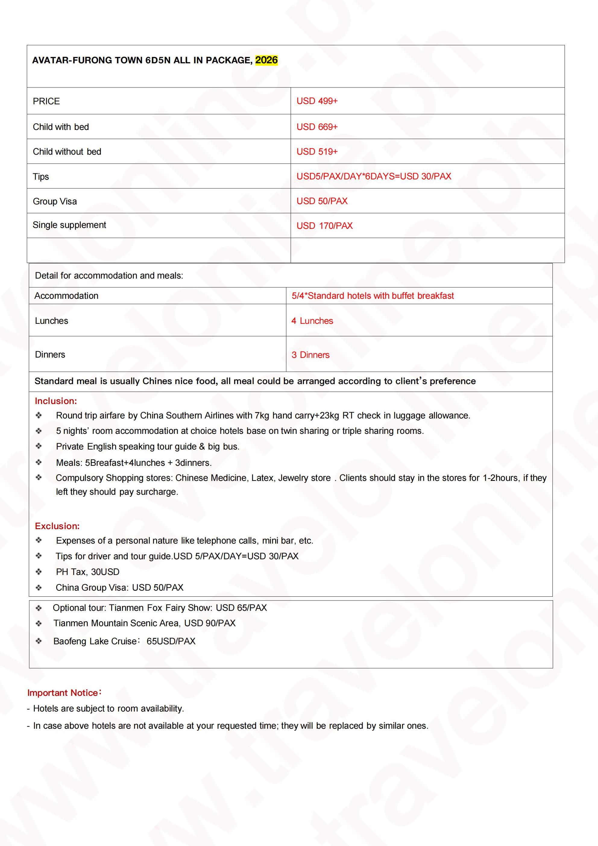 Avatar-Furong 6D5N: AS LOW AS $499/PAX itinerary