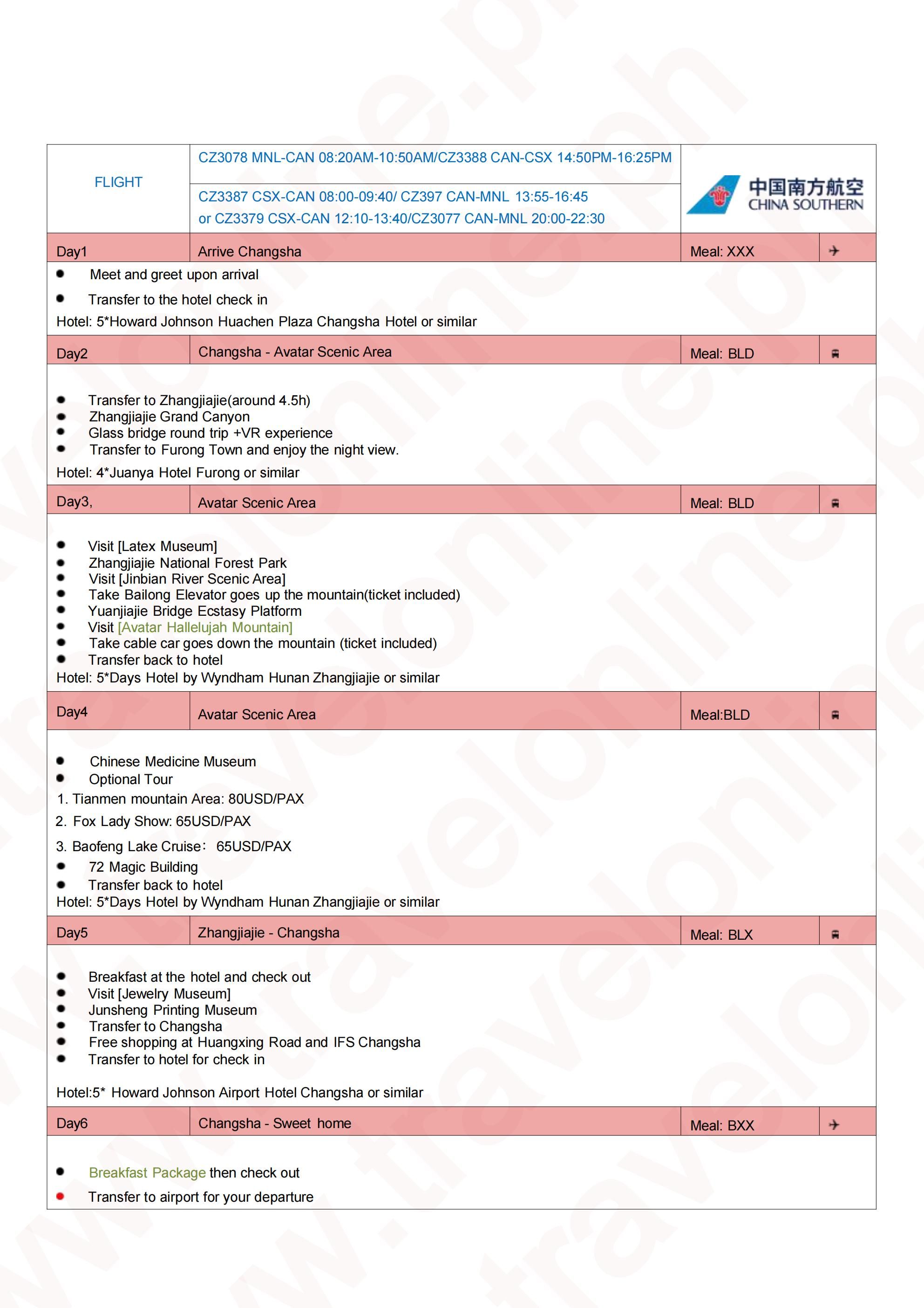 Avatar-Furong 6D5N: AS LOW AS $499/PAX itinerary