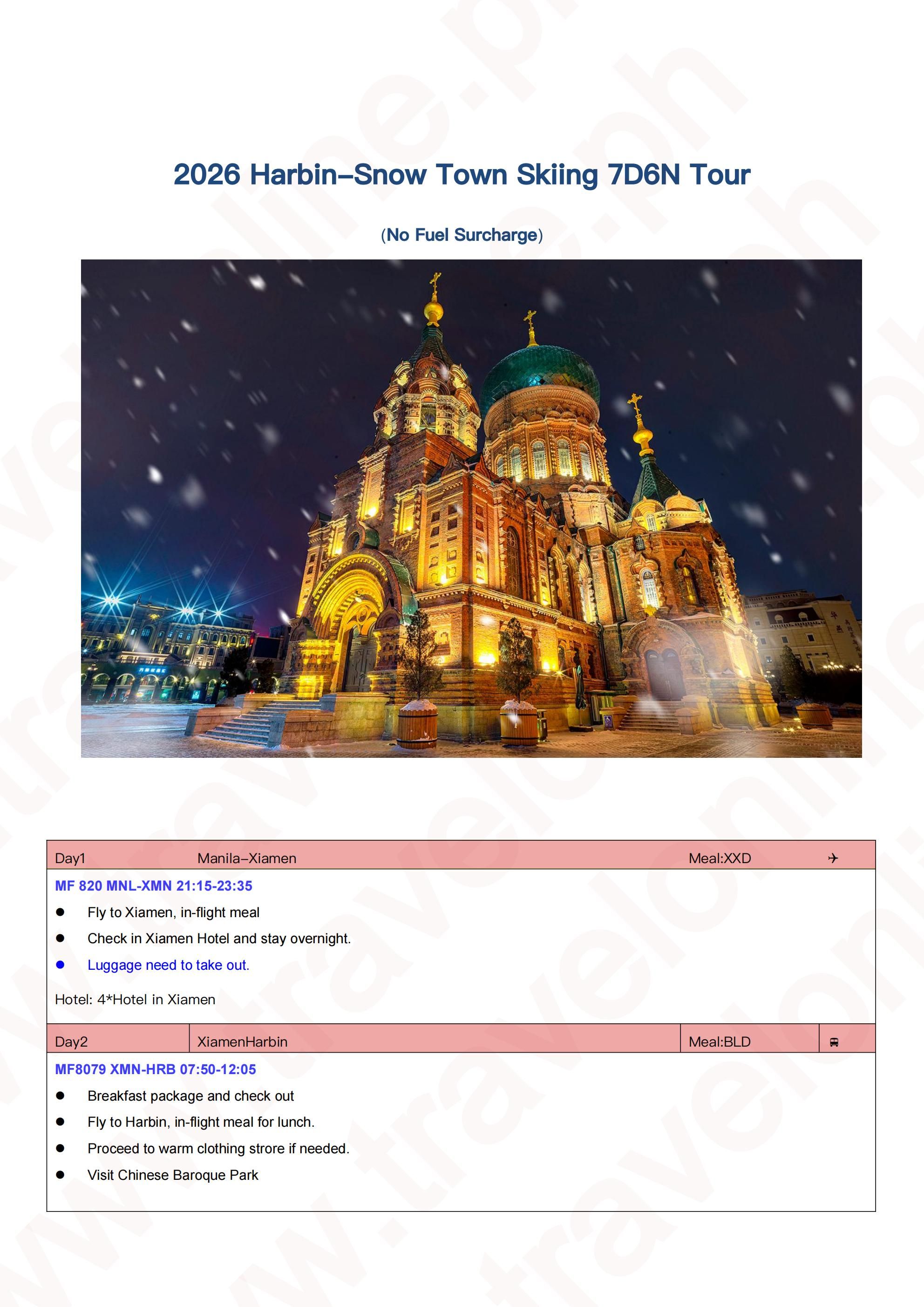 Harbin-Snow Town Skiing 7D6N Tour: AS LOW AS $1199/PAX itinerary