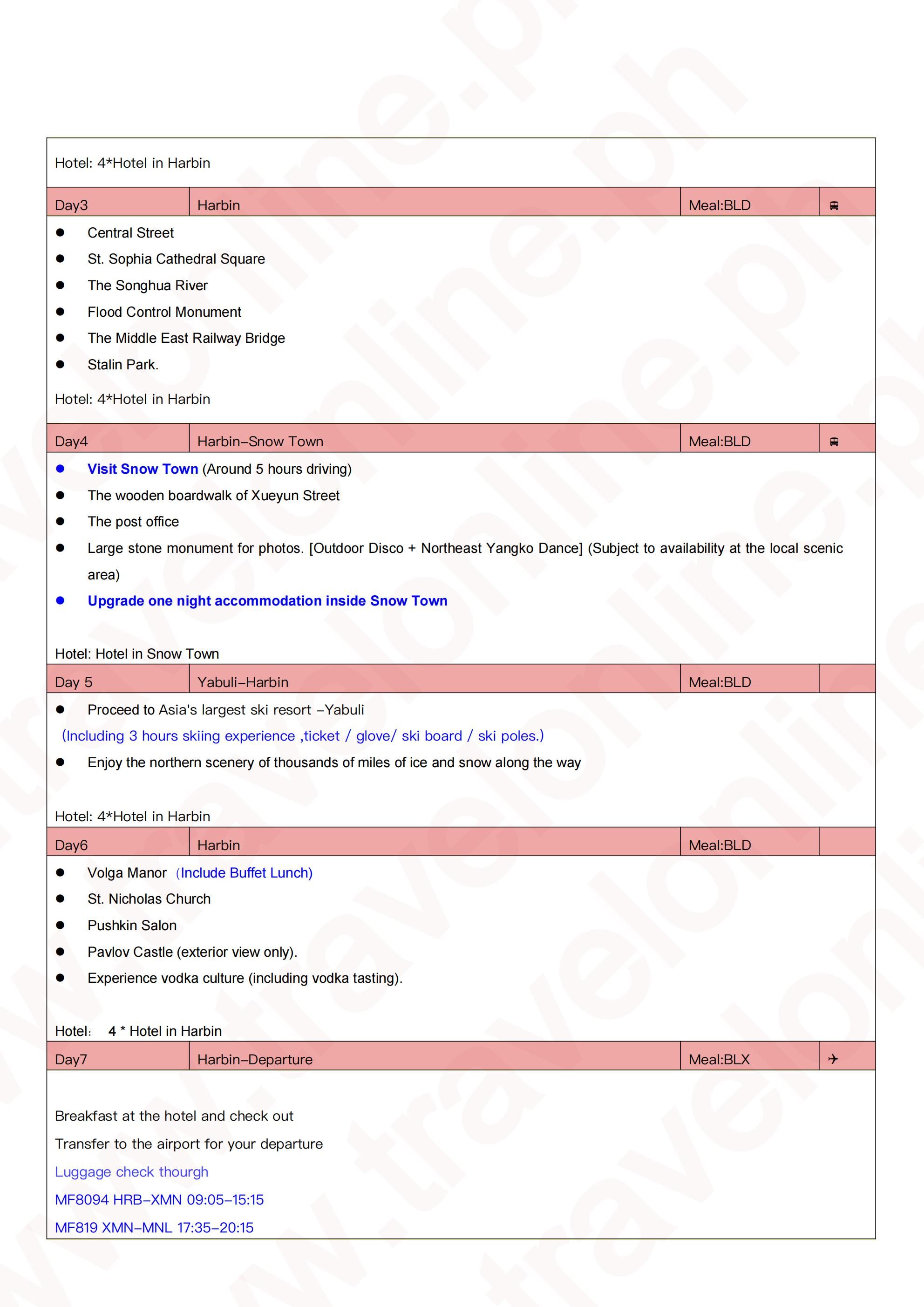 Harbin-Snow Town Skiing 7D6N Tour: AS LOW AS $1199/PAX itinerary