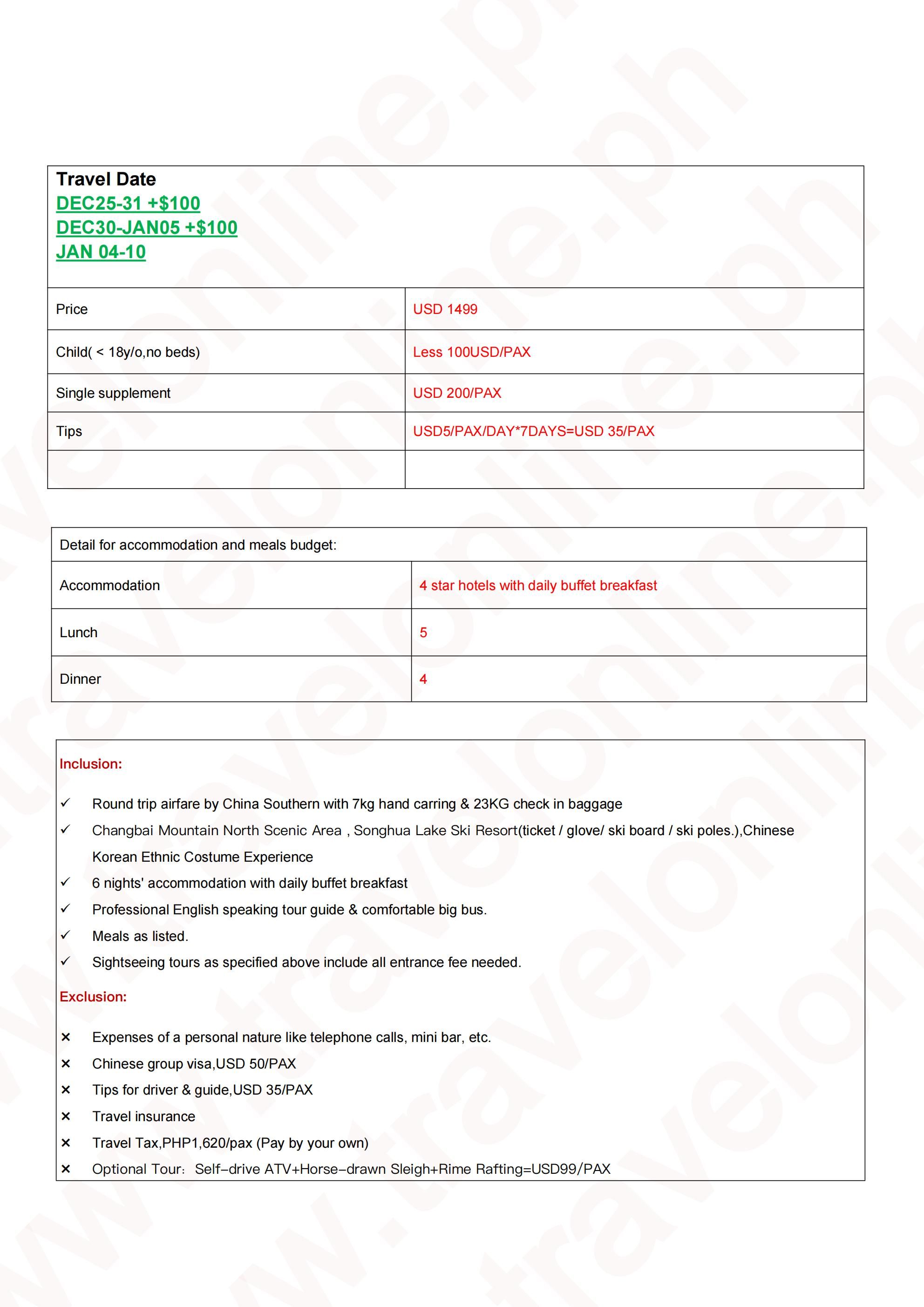 Changbai Mountain-Shenyang-Tonghua-Jilin Skiing: AS LOW AS $1499/PAX itinerary