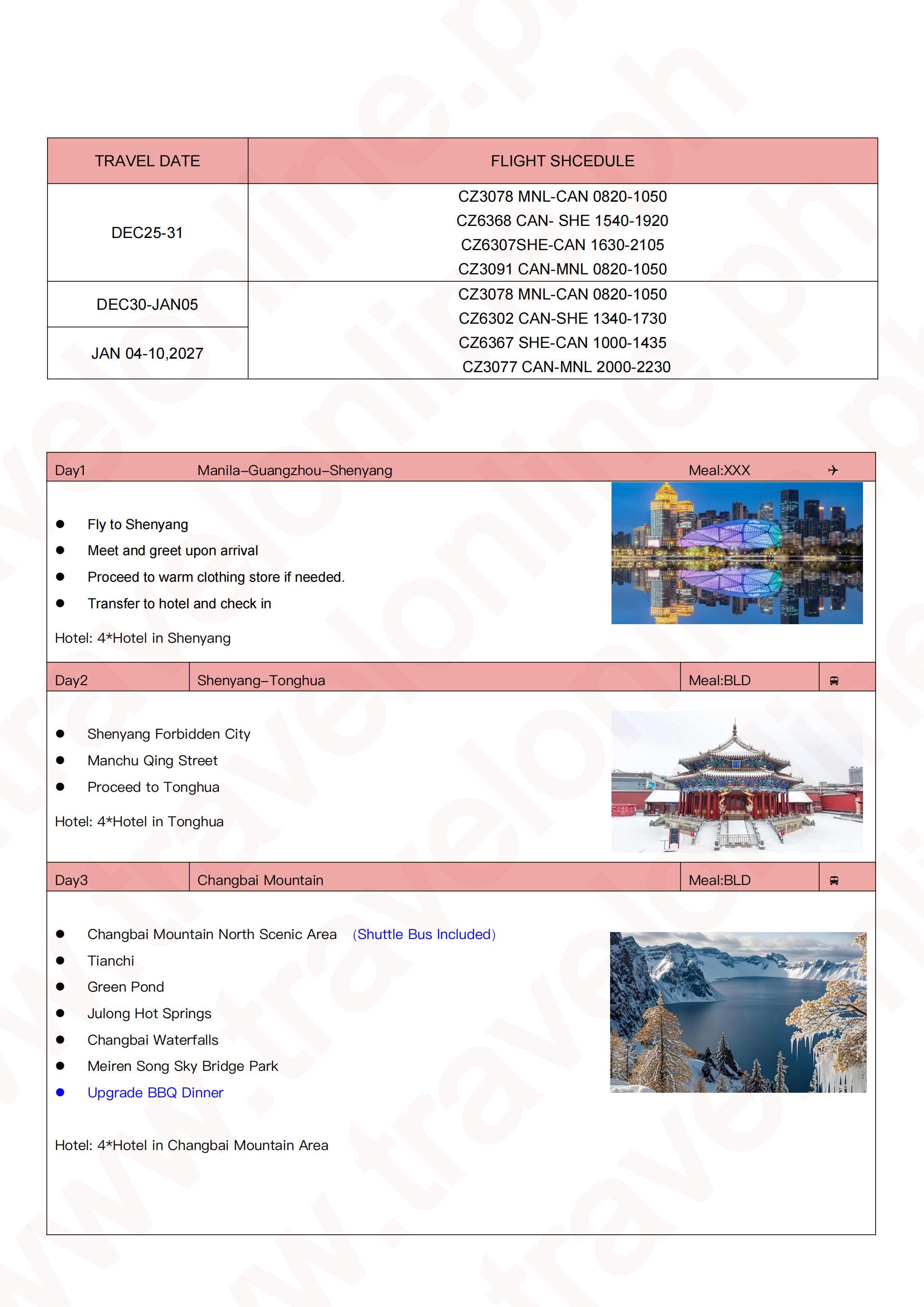 Changbai Mountain-Shenyang-Tonghua-Jilin Skiing: AS LOW AS $1499/PAX itinerary