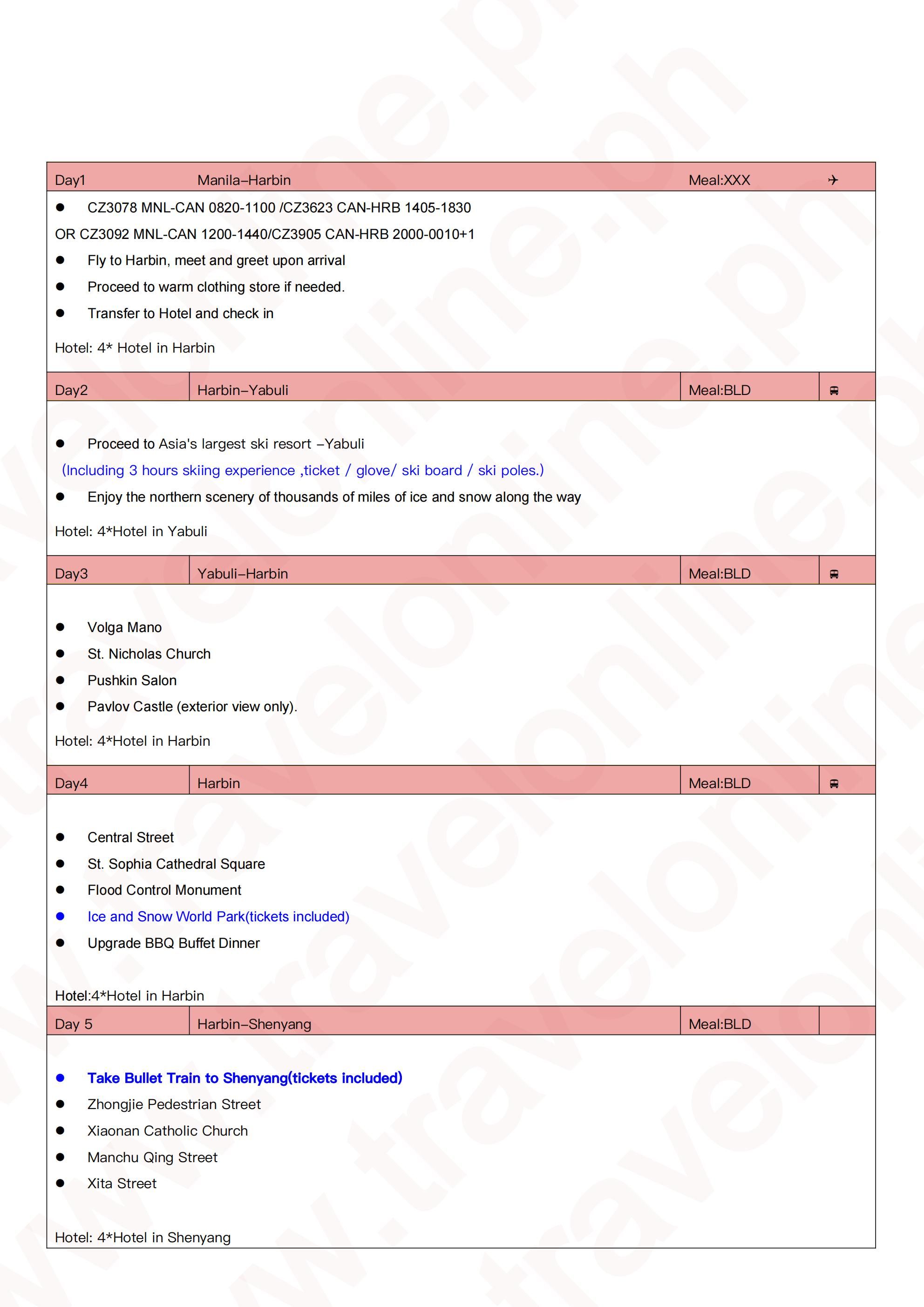 Harbin-Shenyang-Skiing 6D5N: AS LOW AS $1399/PAX itinerary