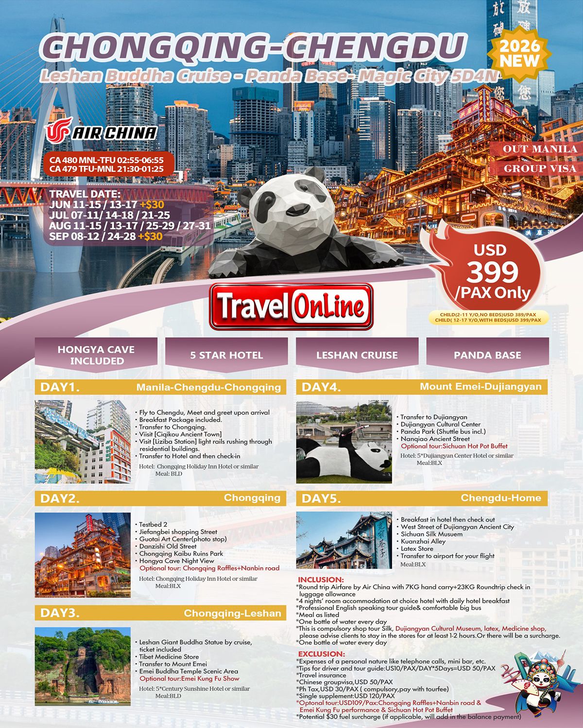Chengdu Leshan Magic Tour 5D4N Chongqing: AS LOW AS $399/PAX promo image