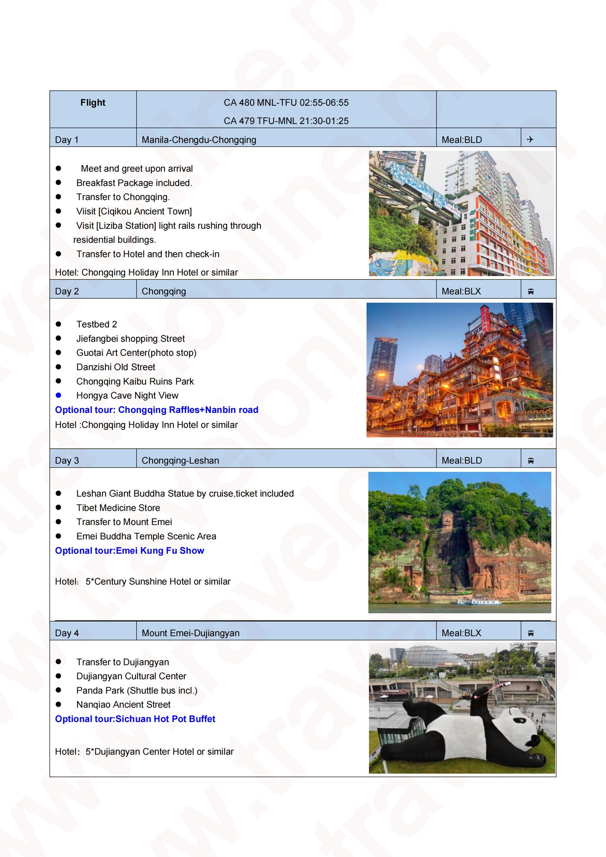 Chengdu Leshan Magic Tour 5D4N Chongqing: AS LOW AS $399/PAX itinerary