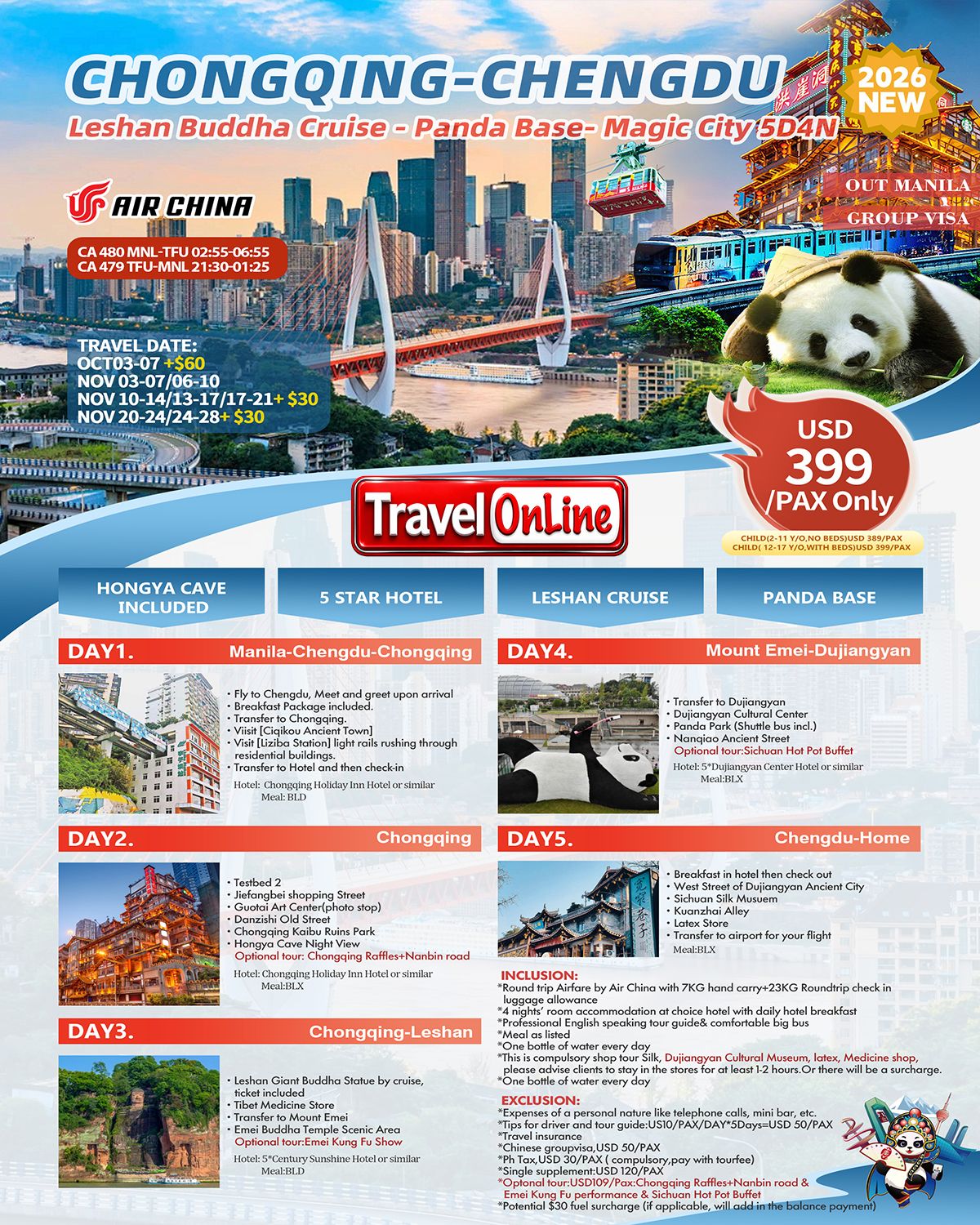 Chongqing Chengdu Leshan Magic Tour 5D4N: AS LOW AS $399/PAX promo image