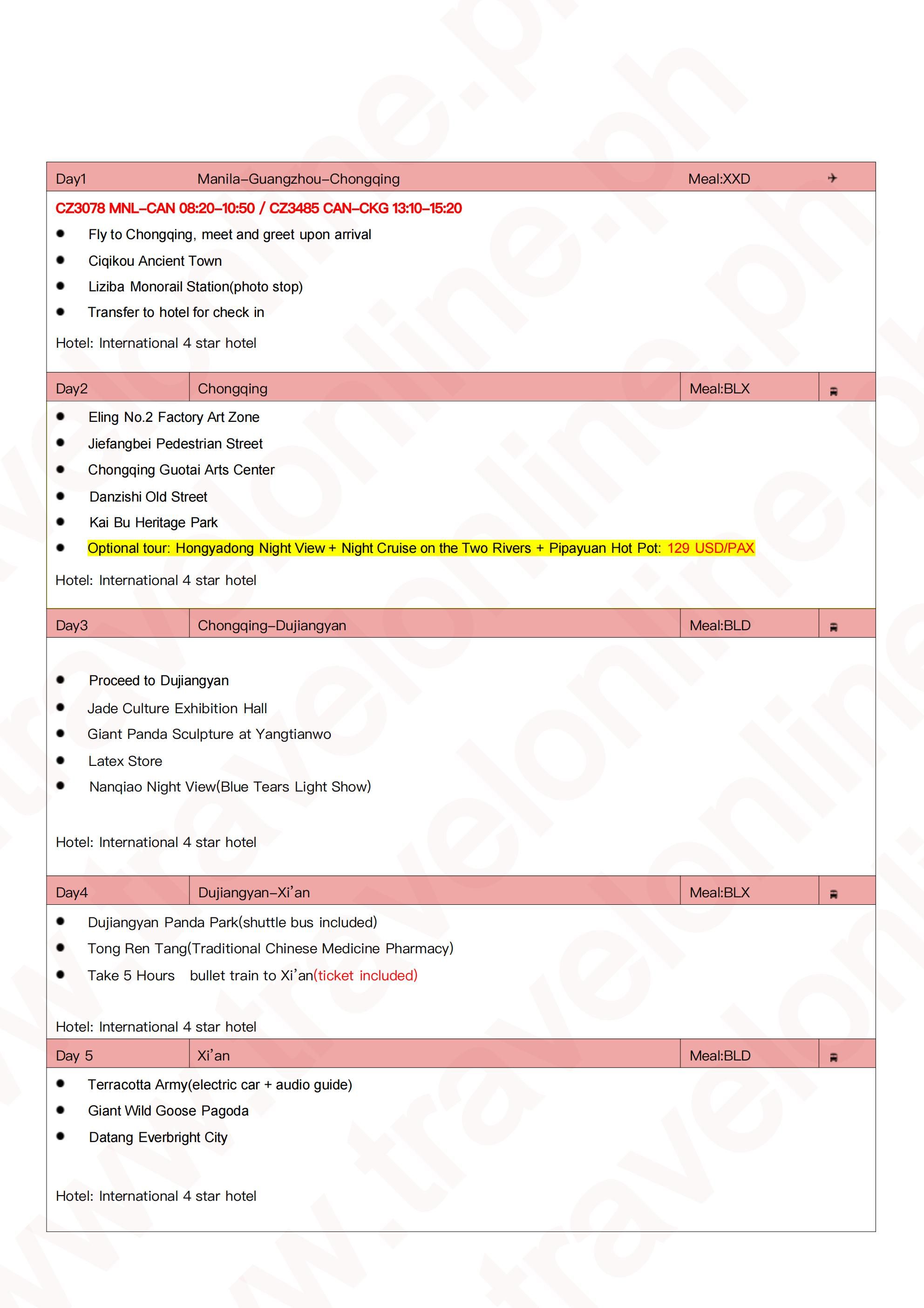 Chongqing-Chengdu-Xi'an Ultimate Tri-Cities 6D5N Package: AS LOW AS $788/PAX itinerary