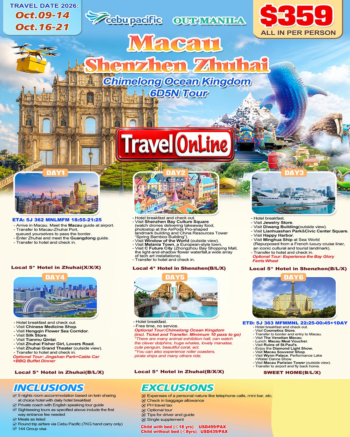 Macau+Shenzhen+Zhuhai+(Chimelong Ocean Kingdom) 6D5N: AS LOW AS $359/PAX promo image
