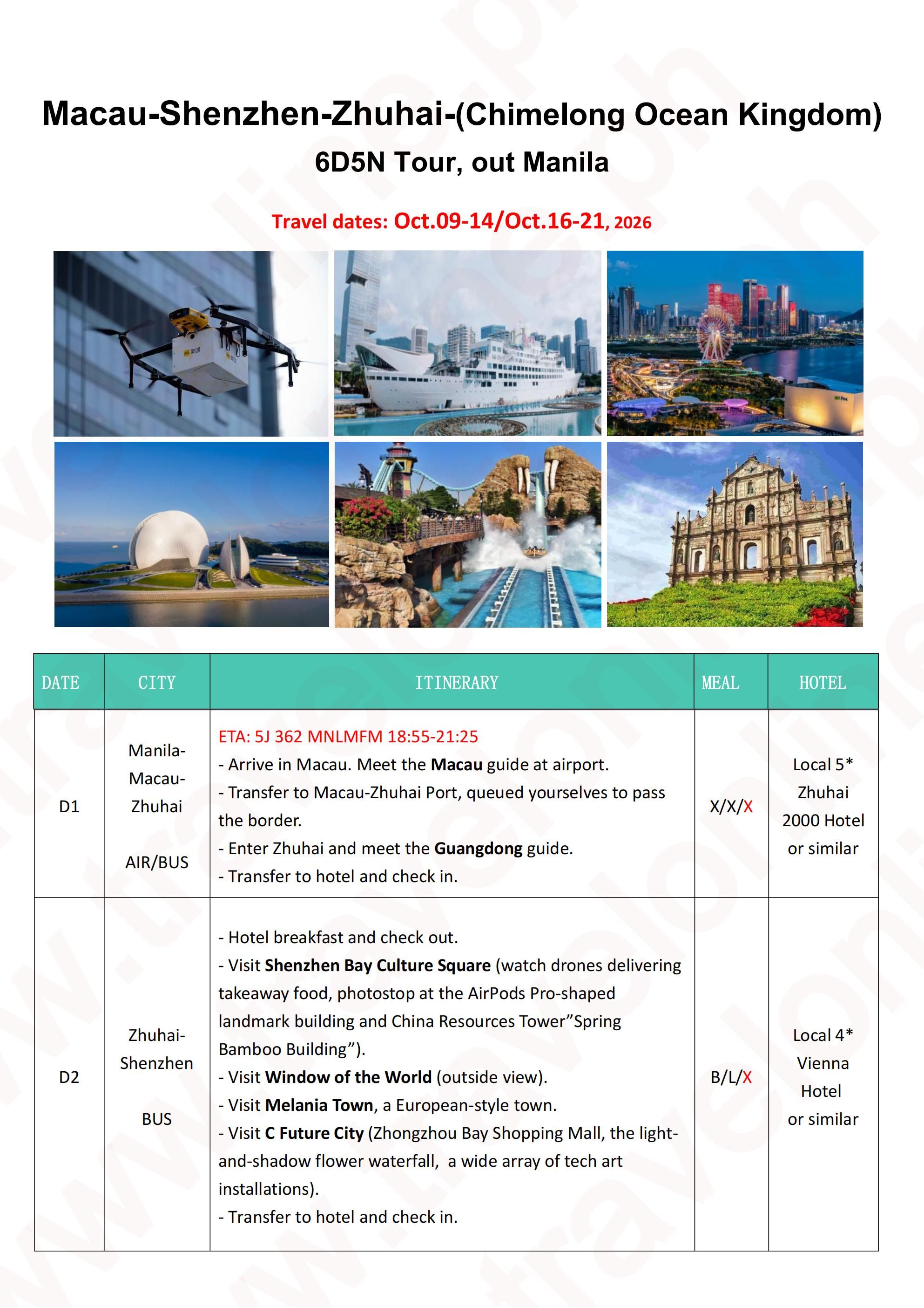 Macau+Shenzhen+Zhuhai+(Chimelong Ocean Kingdom) 6D5N: AS LOW AS $359/PAX itinerary