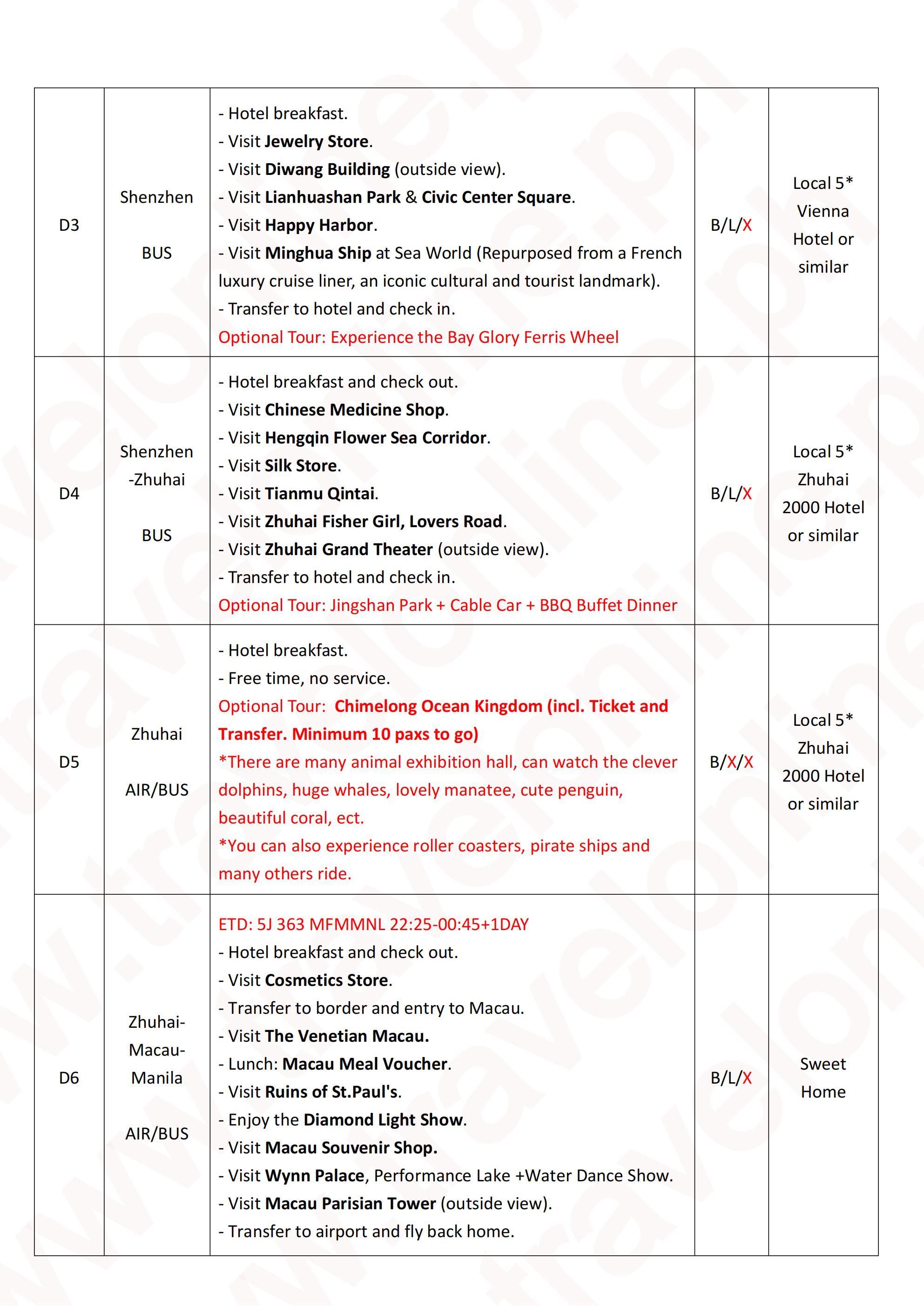 Macau+Shenzhen+Zhuhai+(Chimelong Ocean Kingdom) 6D5N: AS LOW AS $359/PAX itinerary