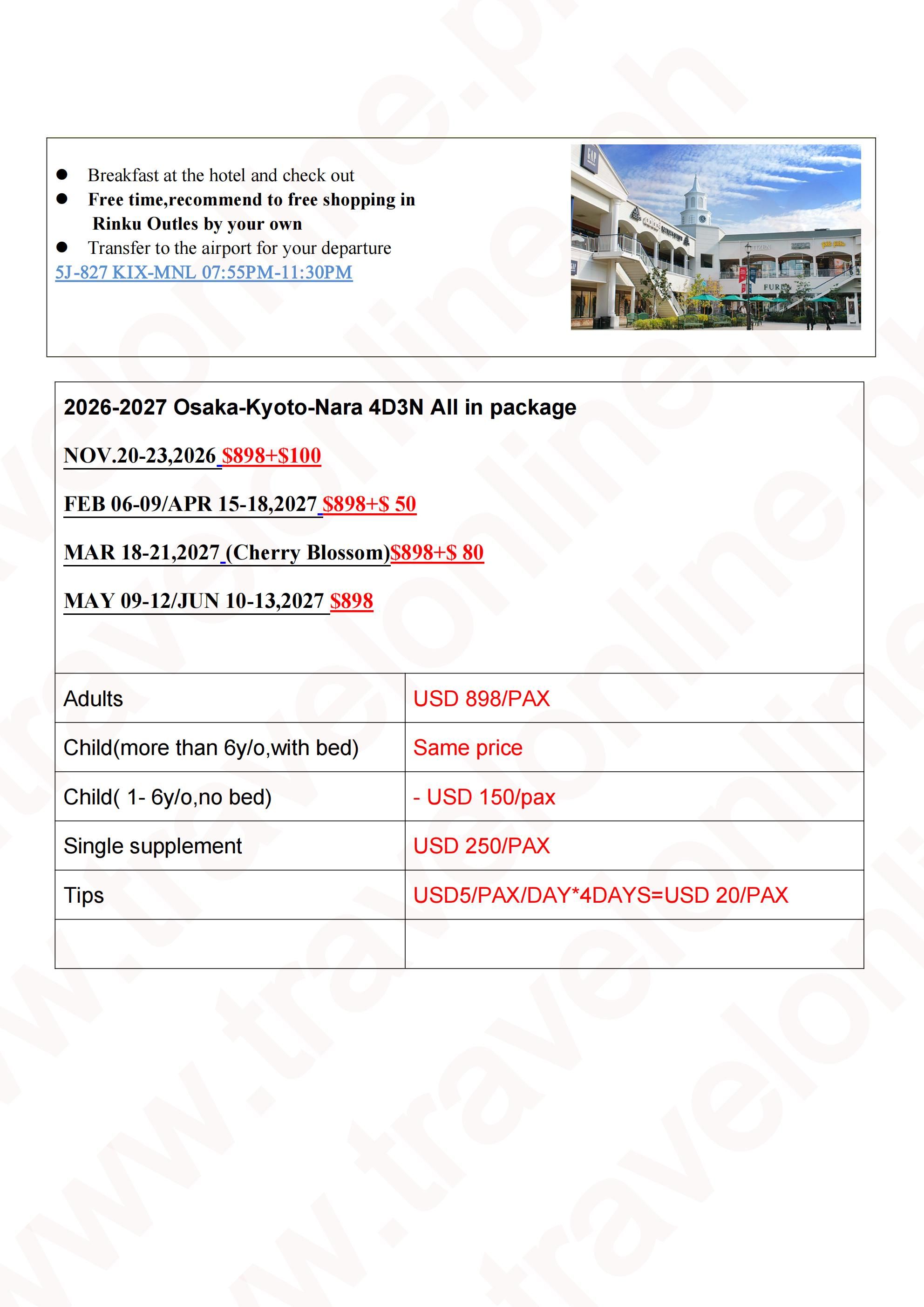 Osaka-Kyoto-Nara 4D3N Package: AS LOW AS $898/PAX itinerary