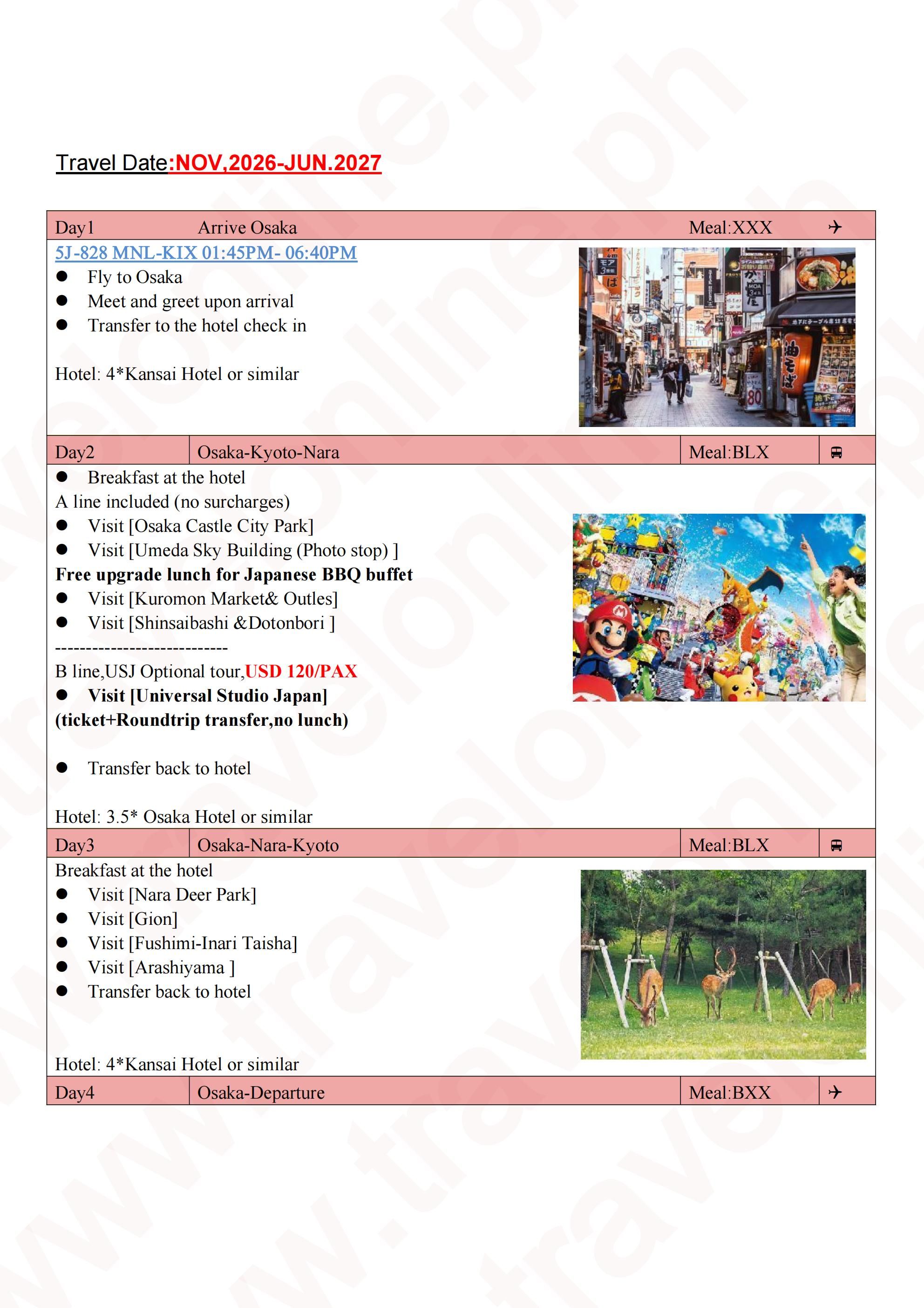 Osaka-Kyoto-Nara 4D3N Package: AS LOW AS $898/PAX itinerary