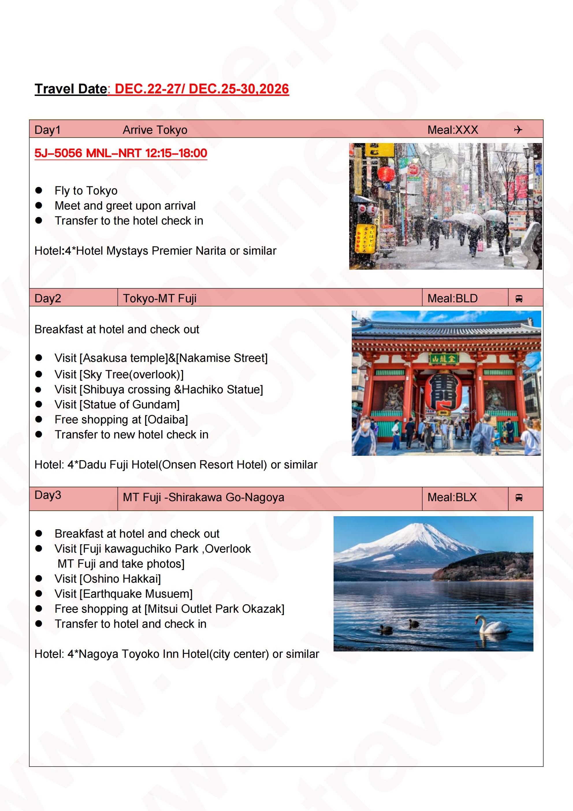 Tokyo-Shirakawa Go-Osaka-Nagoya 6D5N All In Package: AS LOW AS $1699/PAX itinerary