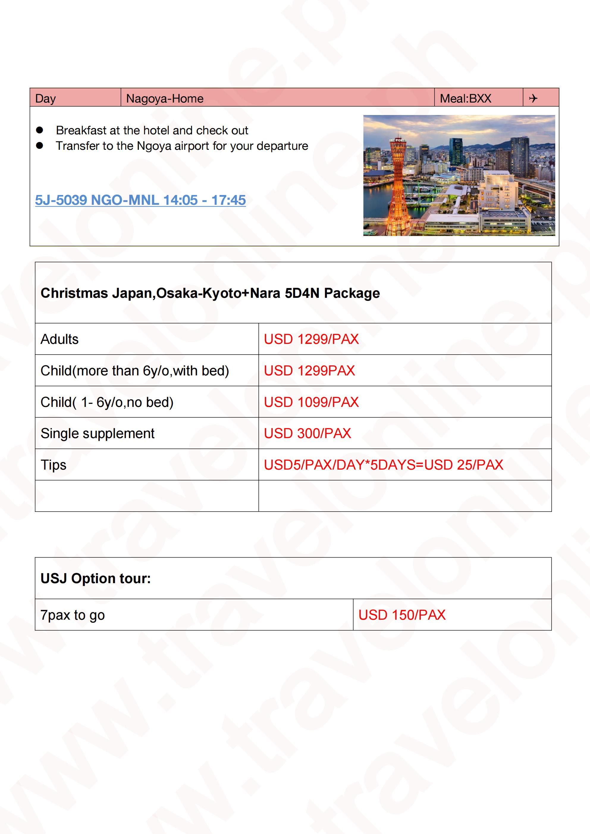 Happy New Year Japan Osaka-Kyoto-Nara 5D4N Package: AS LOW AS $1299/PAX itinerary