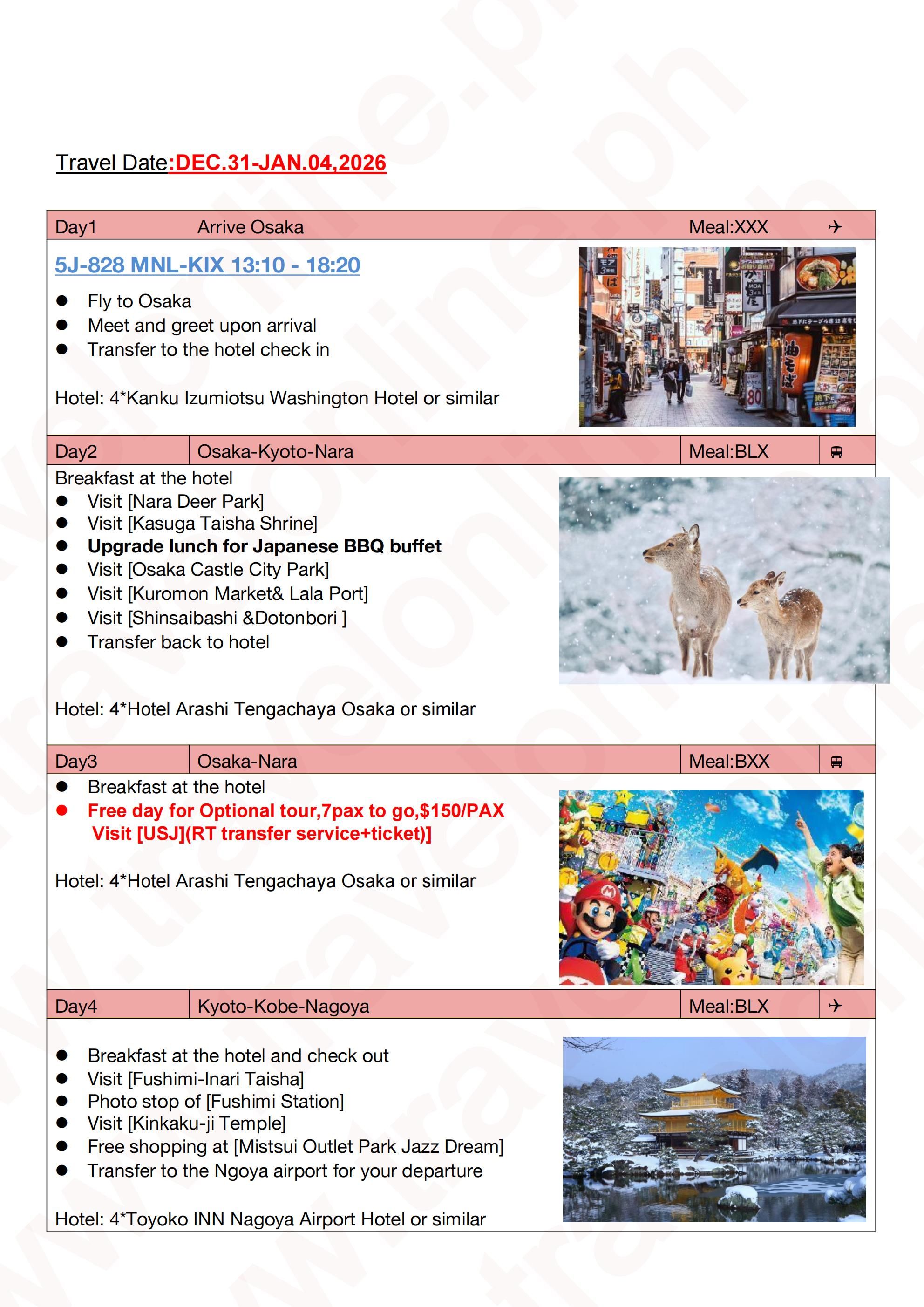 Happy New Year Japan Osaka-Kyoto-Nara 5D4N Package: AS LOW AS $1299/PAX itinerary