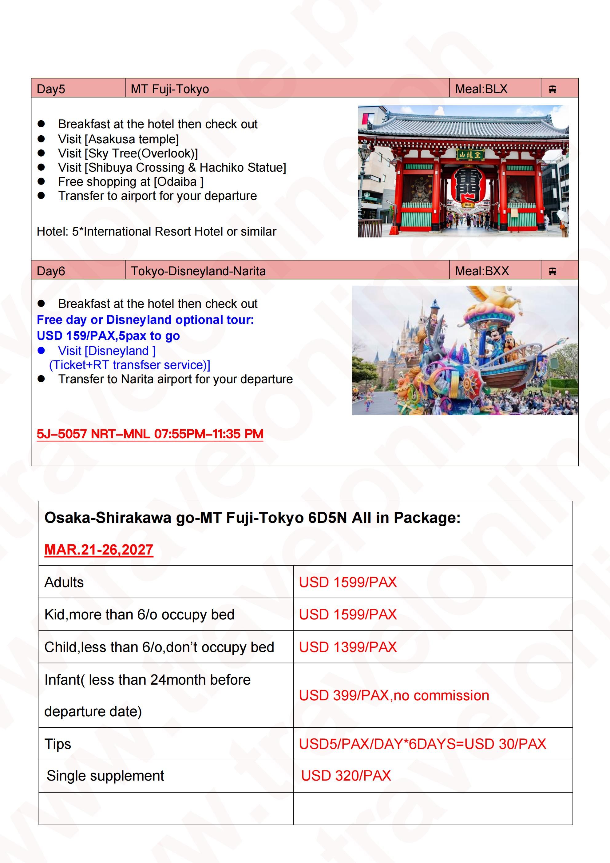 Osaka-Kyoto-Nara-Shirakawa go-MT fuji -Tokyo: AS LOW AS $1599/PAX itinerary