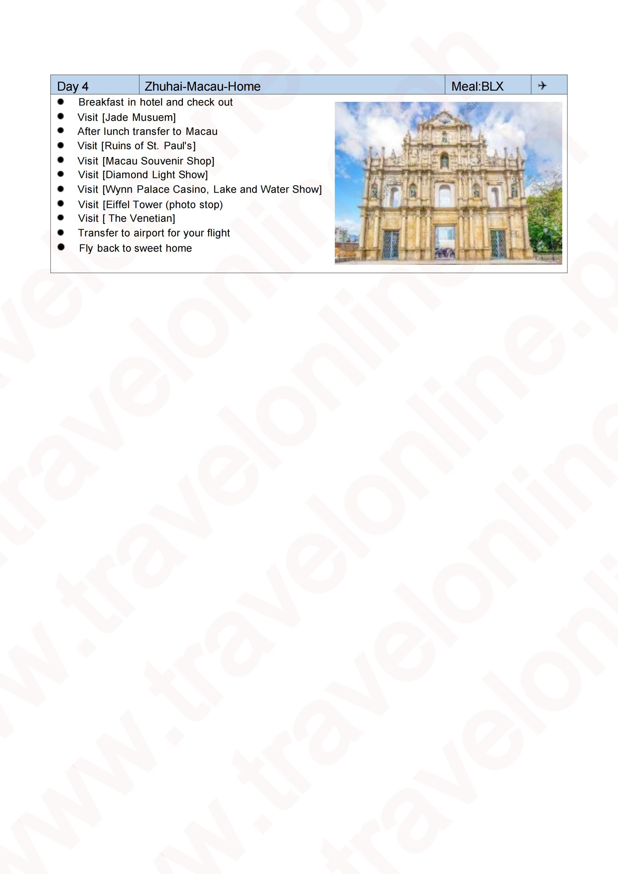 Hongkong Disneyland-Macau-Shenzhen-Zhuhai 4D3N All In Package: AS LOW AS $399/PAX itinerary