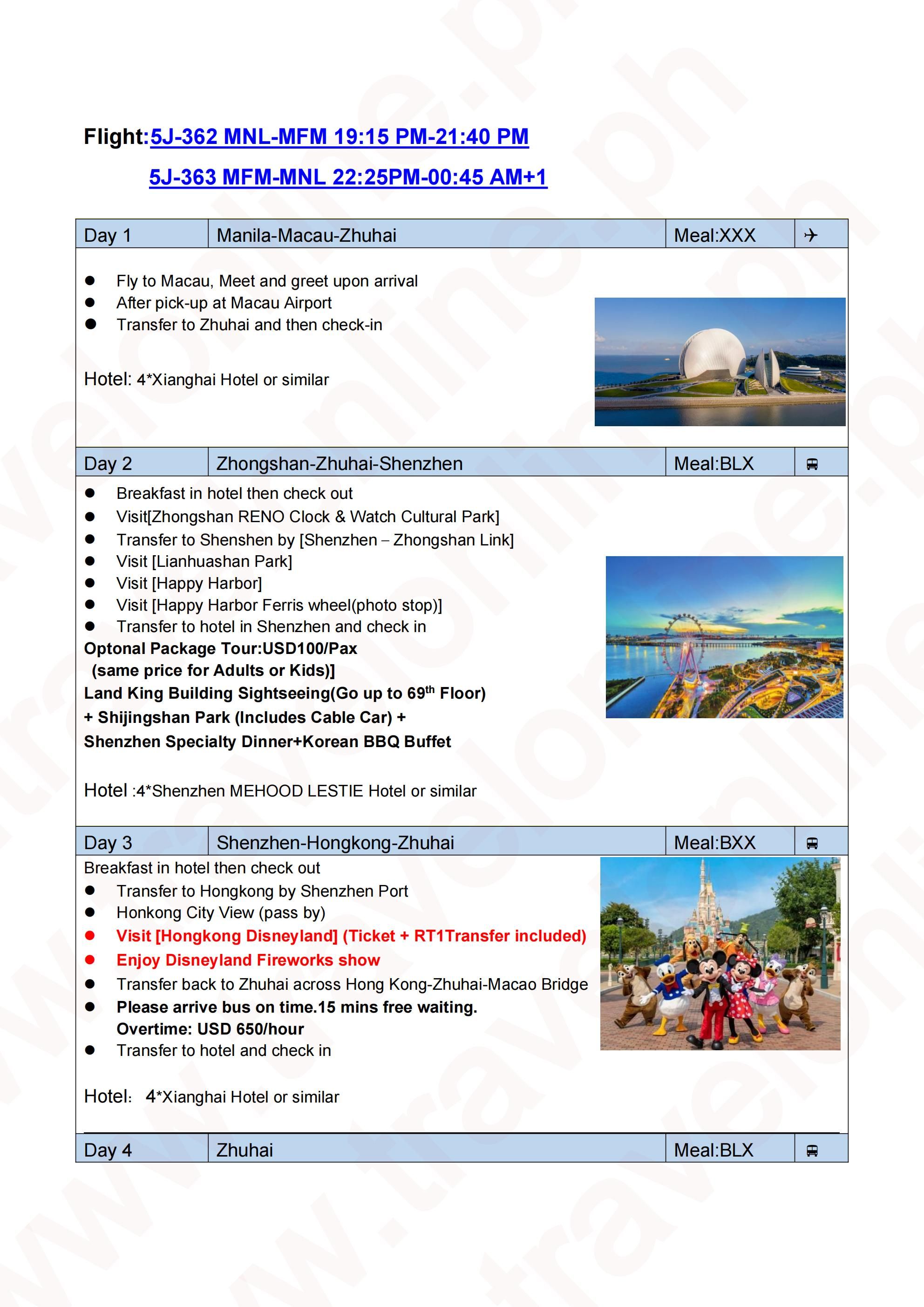 HK Disney-Macau-Shenzhen-Zhuhai 5D4N Package: AS LOW AS $399/PAX itinerary
