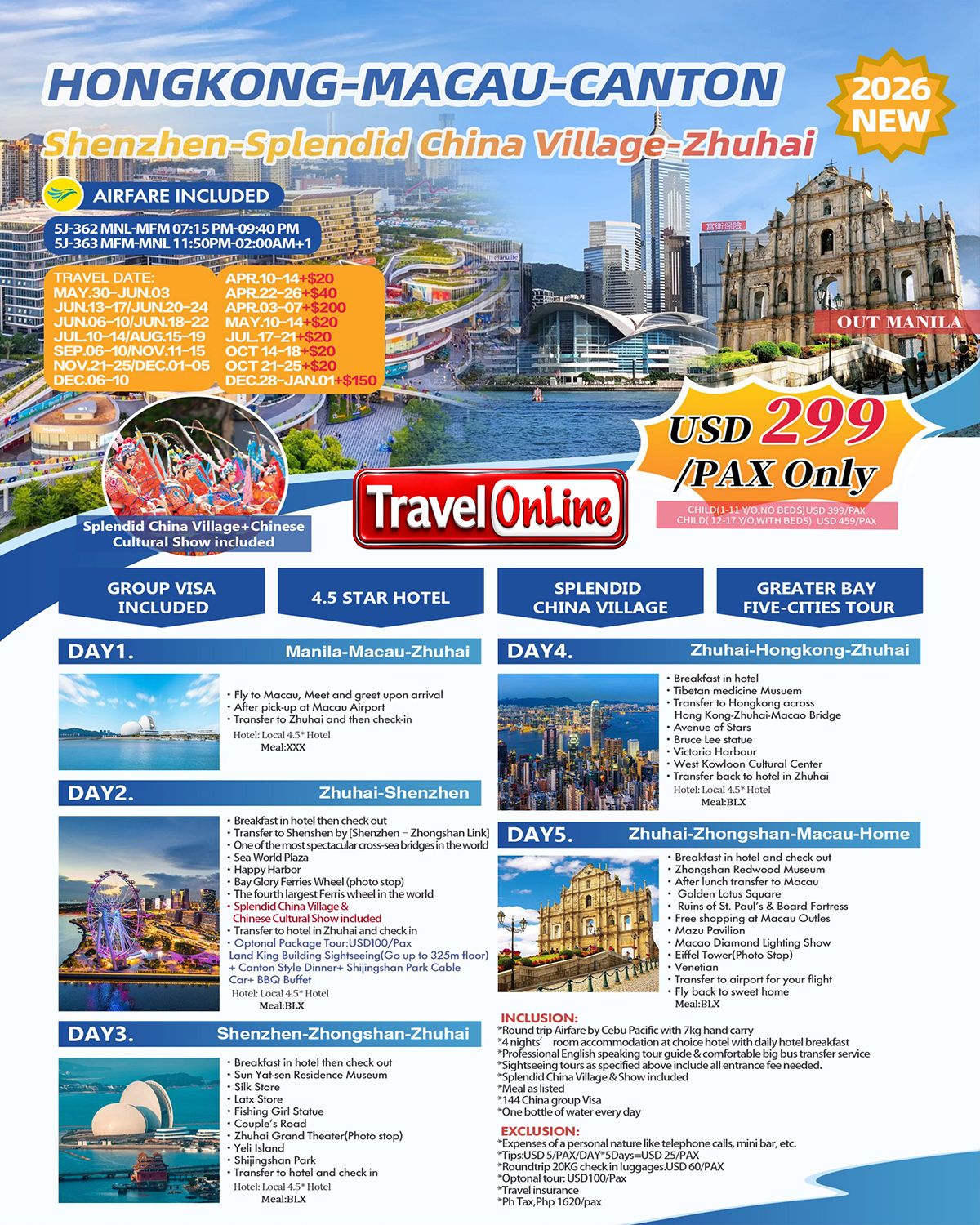 Hongkong-Macau-Shenzhen- Splendid China Village-Zhuhai 5D4N Package: AS LOW AS $299/PAX promo image